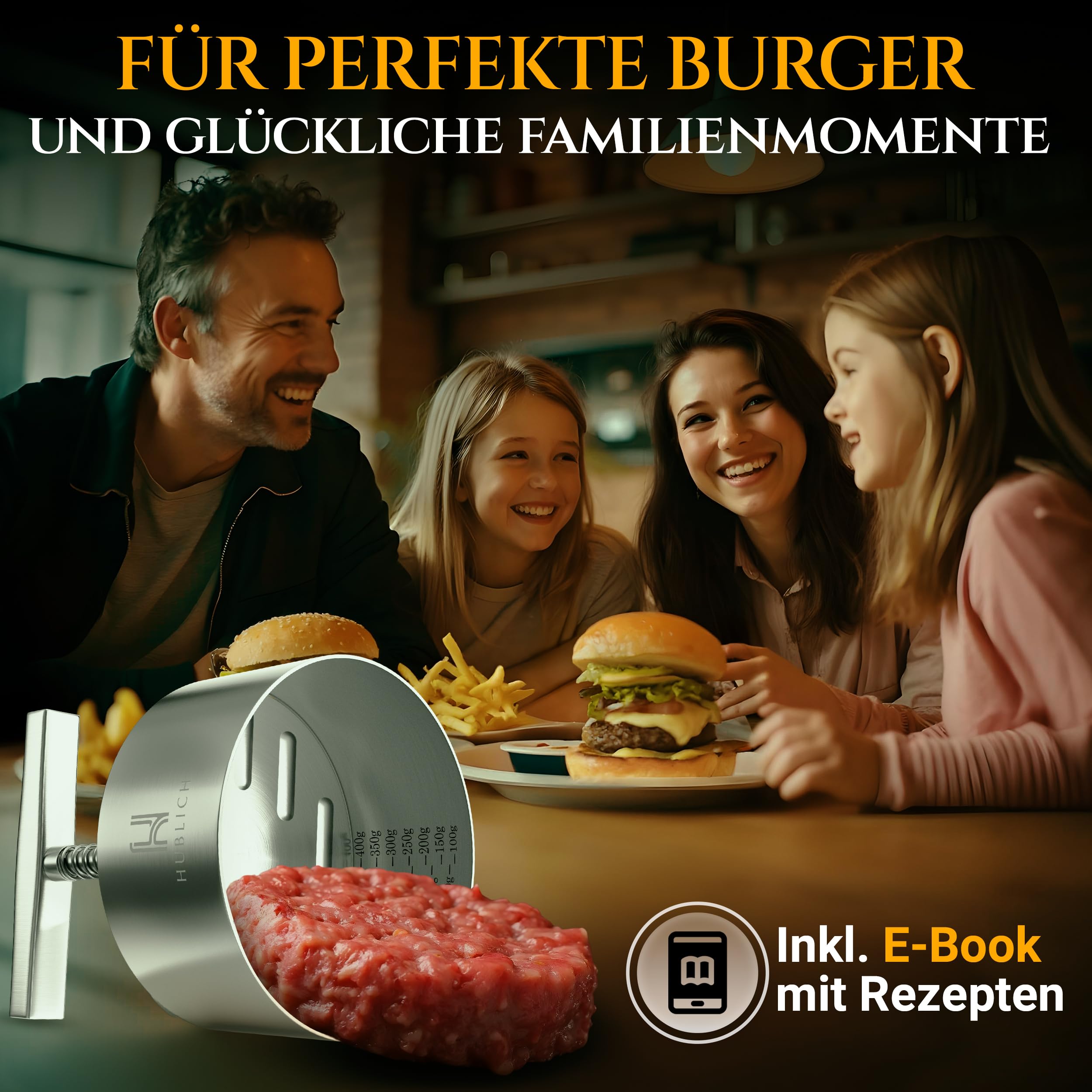 Hublich® Hochwertige Burgerpresse aus Edelstahl – Hamburgerpresse – Ideales Grill Zubehör für perfekte Hackfleisch Patties mit 100-400g – Patty Maker für saftige Hamburger - 3