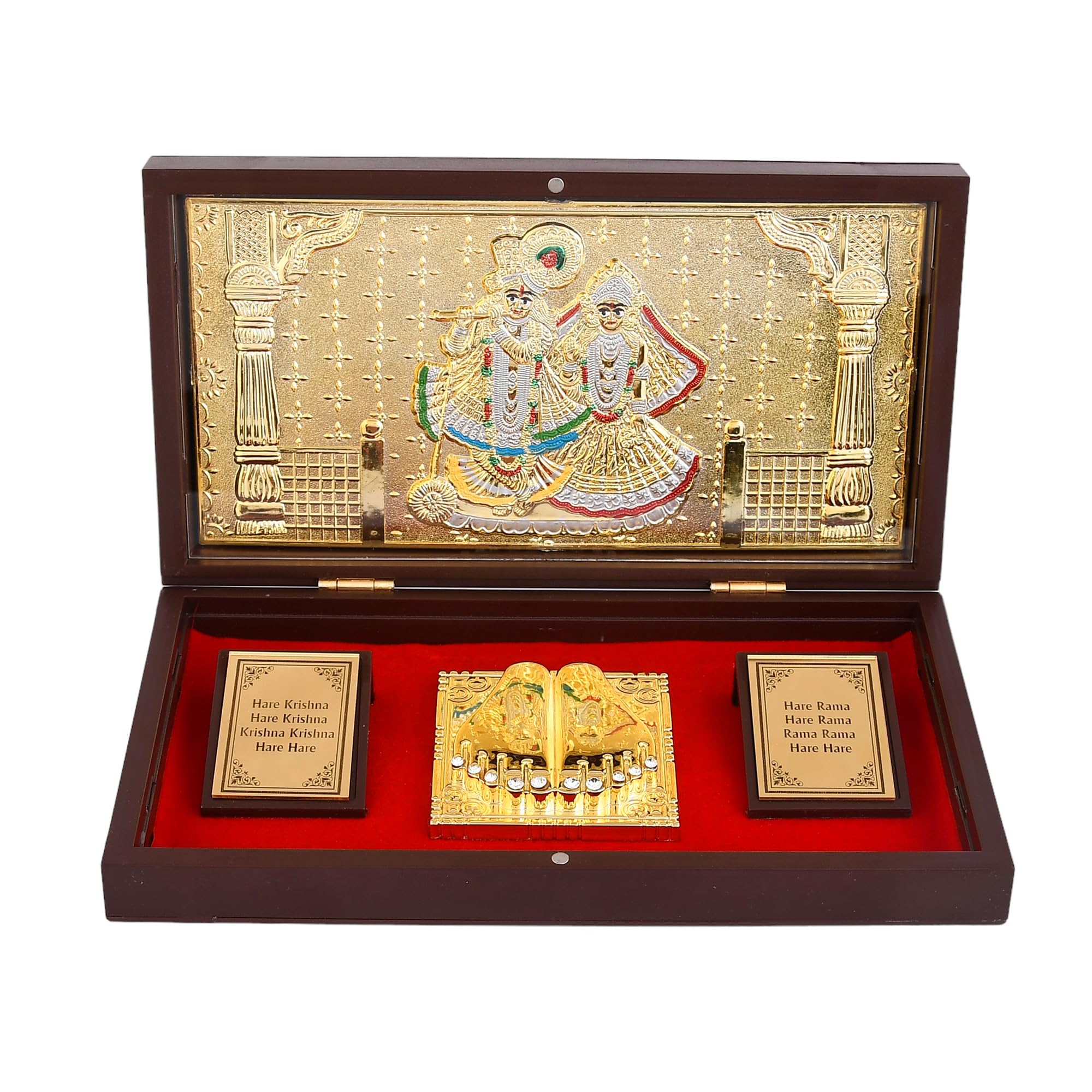 Gold Plated Radhe Shyam Charan Paduka | Devotional Prayer Box | Wooden Momento with Natural Fragrance Decorative Showpiece Box Packing Charan Paduka | Diwali Gift