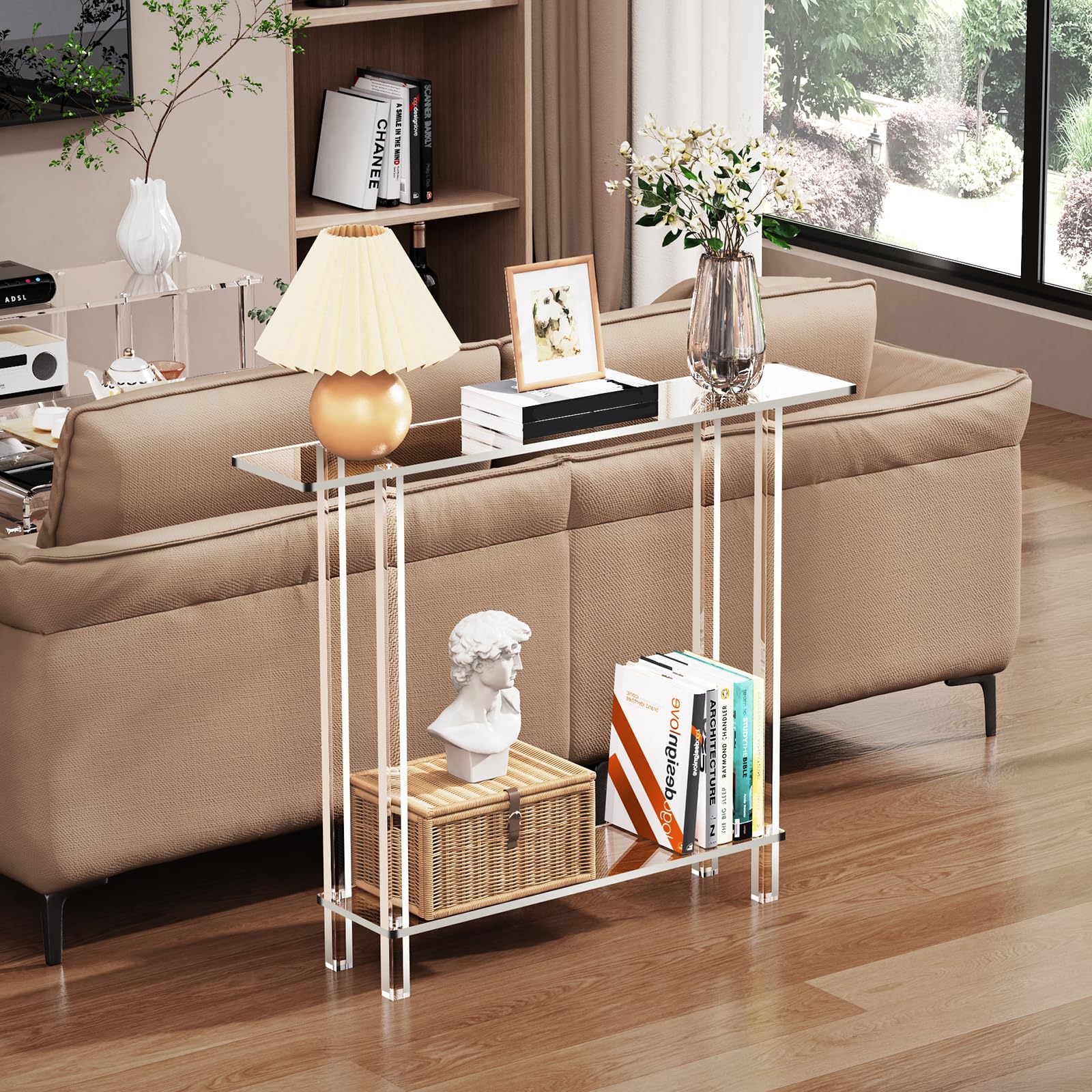 Tavolo Consolle in Acrilico Trasparente, 2 Ripiani, 20 x 100 x 80 cm, Ingresso Consolle per Corridoio, Soggiorno, Camera da Letto (Clear)