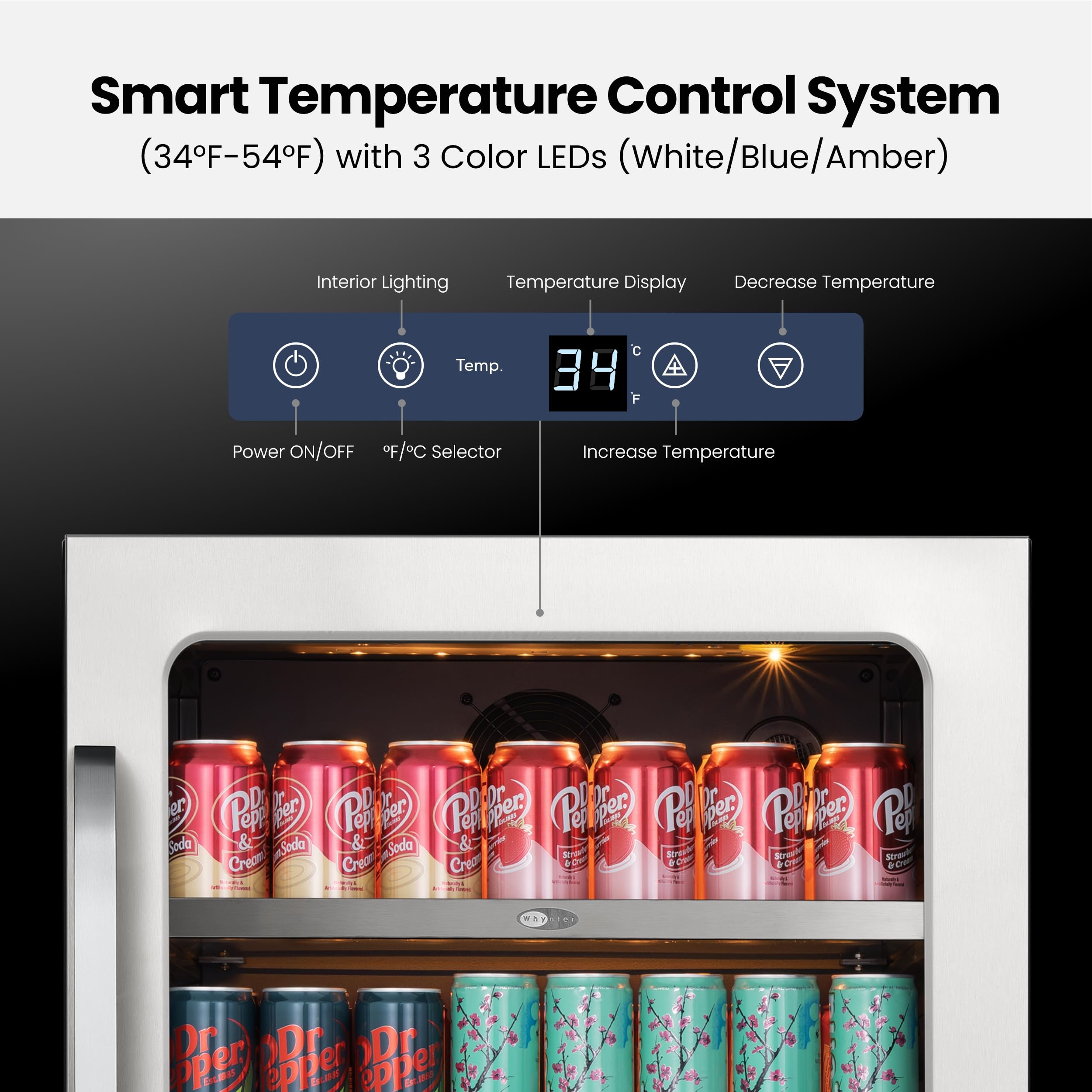 Whynter Beverage Refrigerator 24 Inch Drink Fridge With Glass Door Beverage Cooler 140 Cans Under Counter Beverage Fridge Freestanding 3 LED 34-54°F For Beer Home Bar Premium Series 5.65 Cu.Ft on Fridge.com - View 4