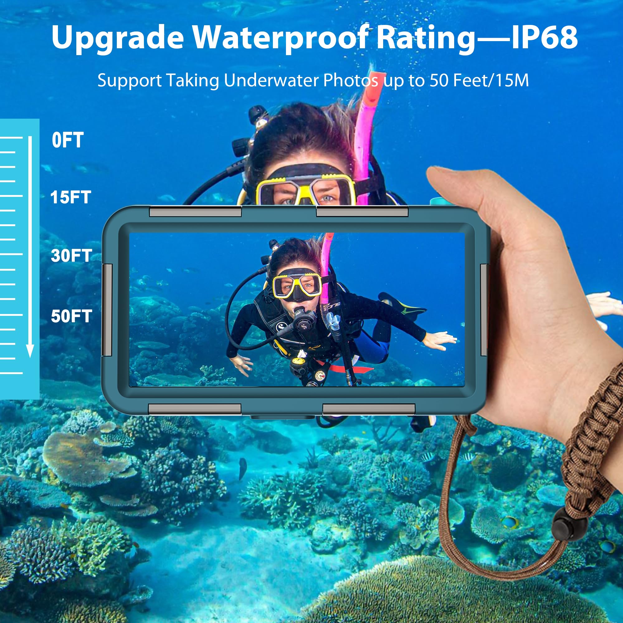 Universelles Tauchen, 15 m, Unterwasser-Schnorcheln, wasserdichte Handyhülle für Samsung Galaxy S26/25/S24/S23 Ultra/Plus, Google Pixel, Motorola, Huawei/LG-Serie, Lautstärke-Taste, Blaugrün