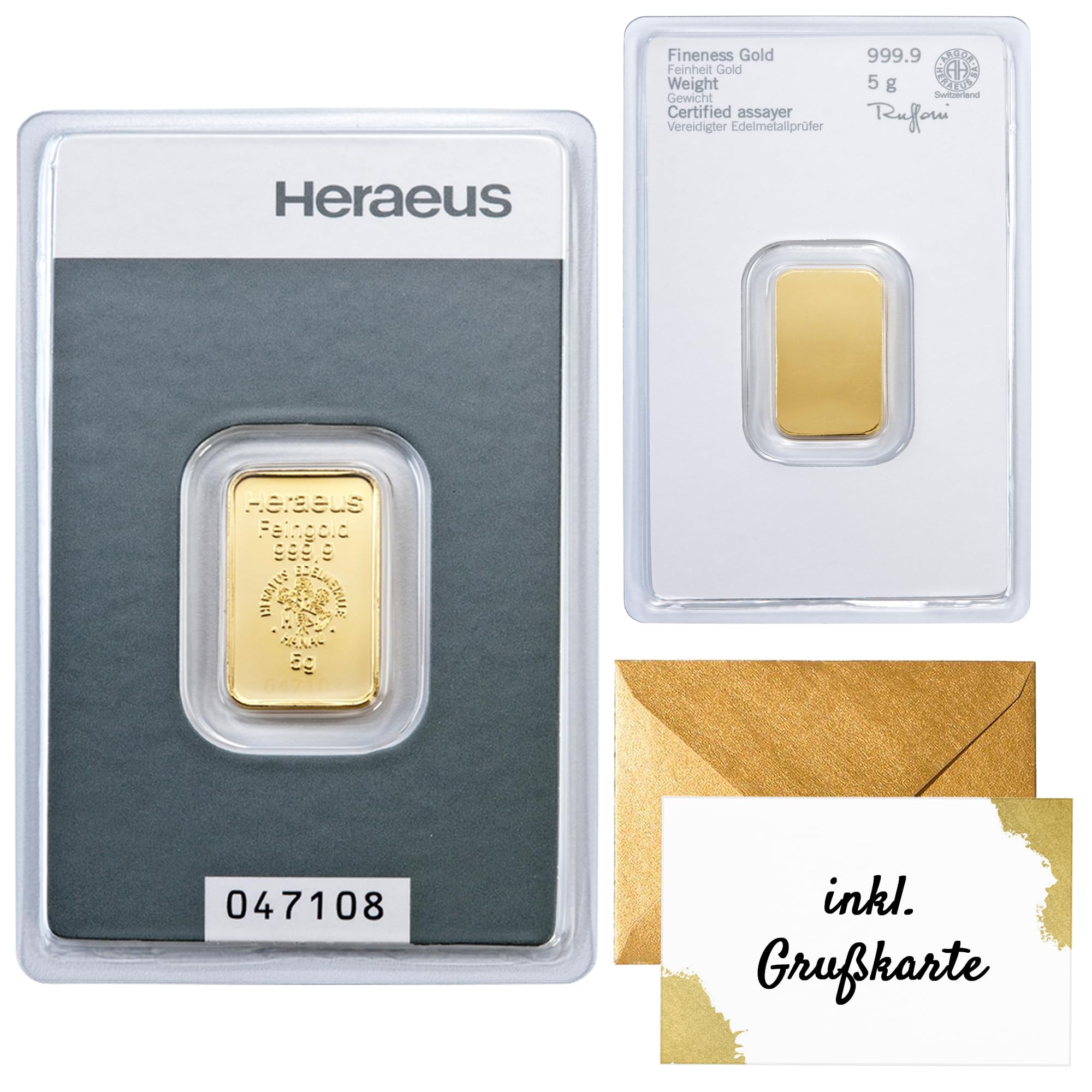 Gold zum Verschenken – Heraeus Goldbarren - Feingold - Anlagegold - verschiedene Größen wählbar - inkl. Geschenkverpackung, Grußkarte und Echtheitsgarantie (5g Gold)