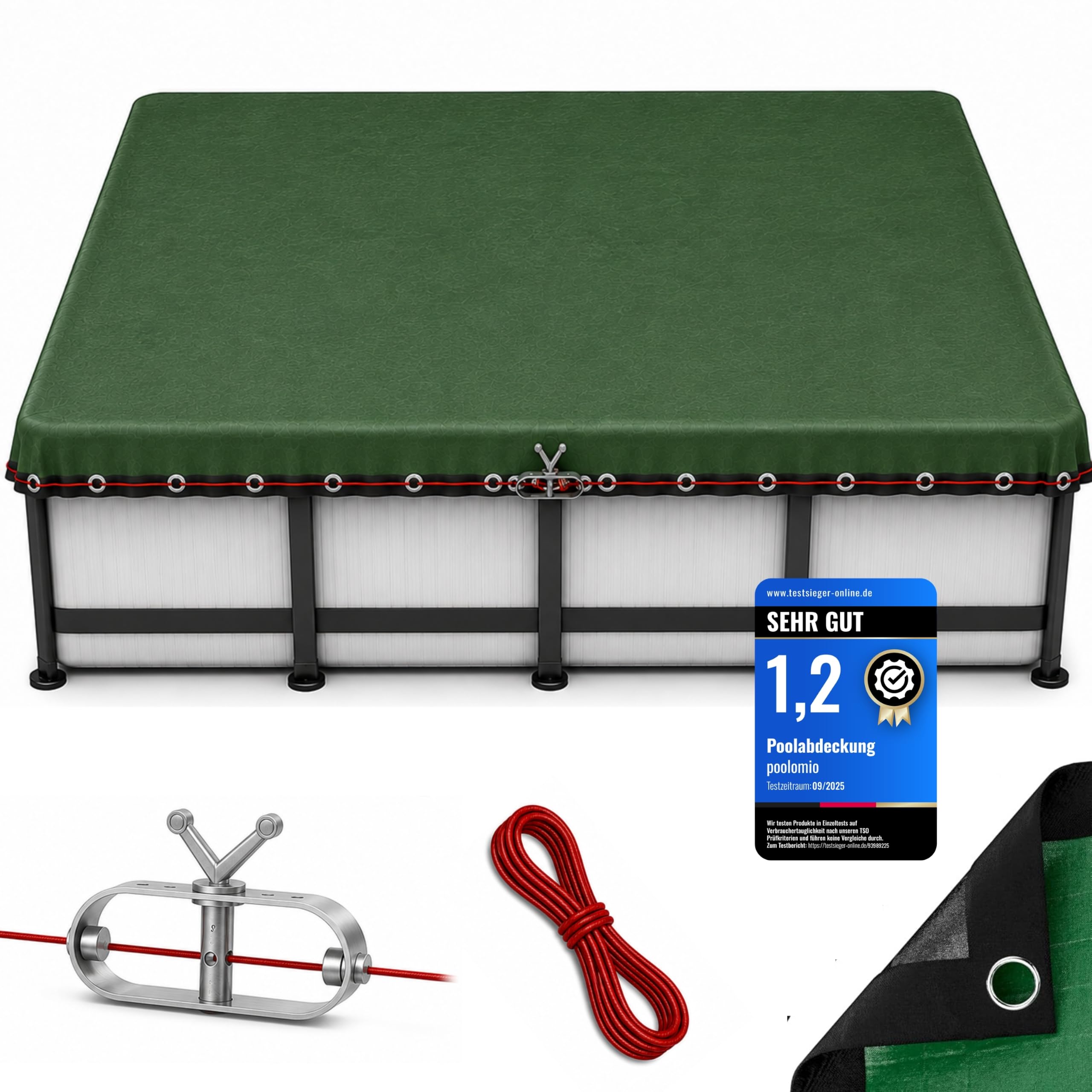 poolomio Poolabdeckung rechteckig 300x200 cm, Winterabdeckung Pool | Abdeckplane für Pool 3x2 m – 200 g/m² robustes, UV-resistentes PE – Stahlseil & Ratsche – Echtmaß: 360x260 cm