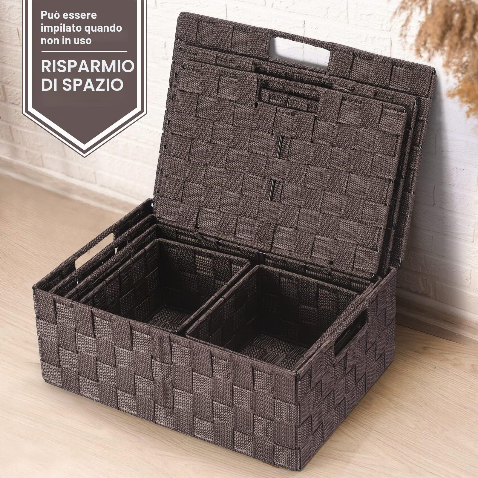 Uvellgift Set di 5 scatole portaoggetti da 34 cm con coperchio, impilabili, multiuso per riporre e organizzare bagno/stanza/asciugamani/trucchi (marrone)