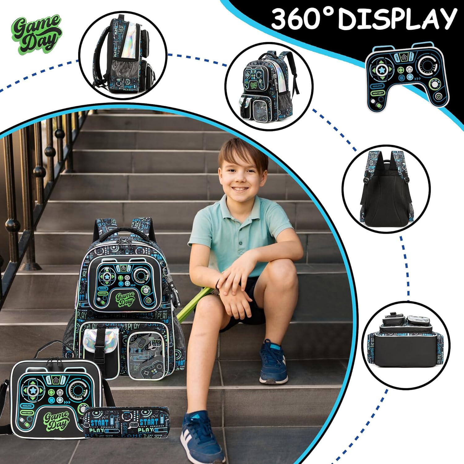 Meetbelify Backpacks for Boys School Backpacks for Elementary Students Ages 8-10 Kids Aesthetic Travel Backpack Laptop Bookbag with Lunch Box Pencil Case 3 in 1 Backpack Set for Boys
