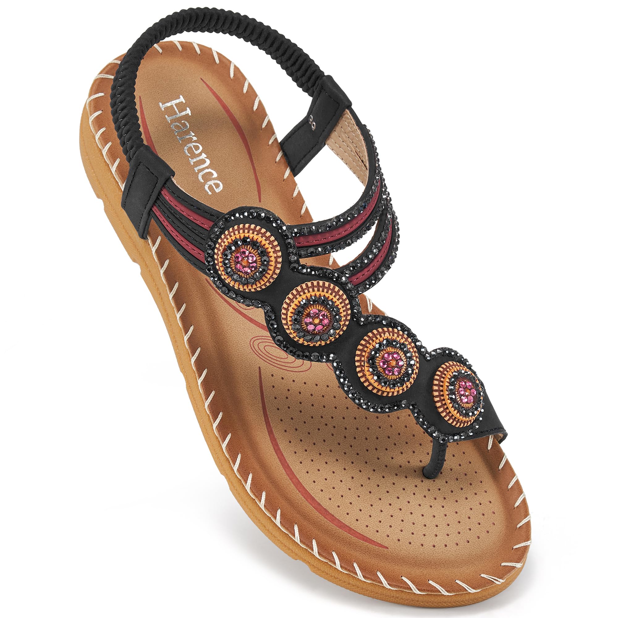 HARENCE Flat Sandals for Women Dressy: Comfortable Summer Flats Shoes Elastic Ankle Strap Bohemian Beaded Beach Sandal