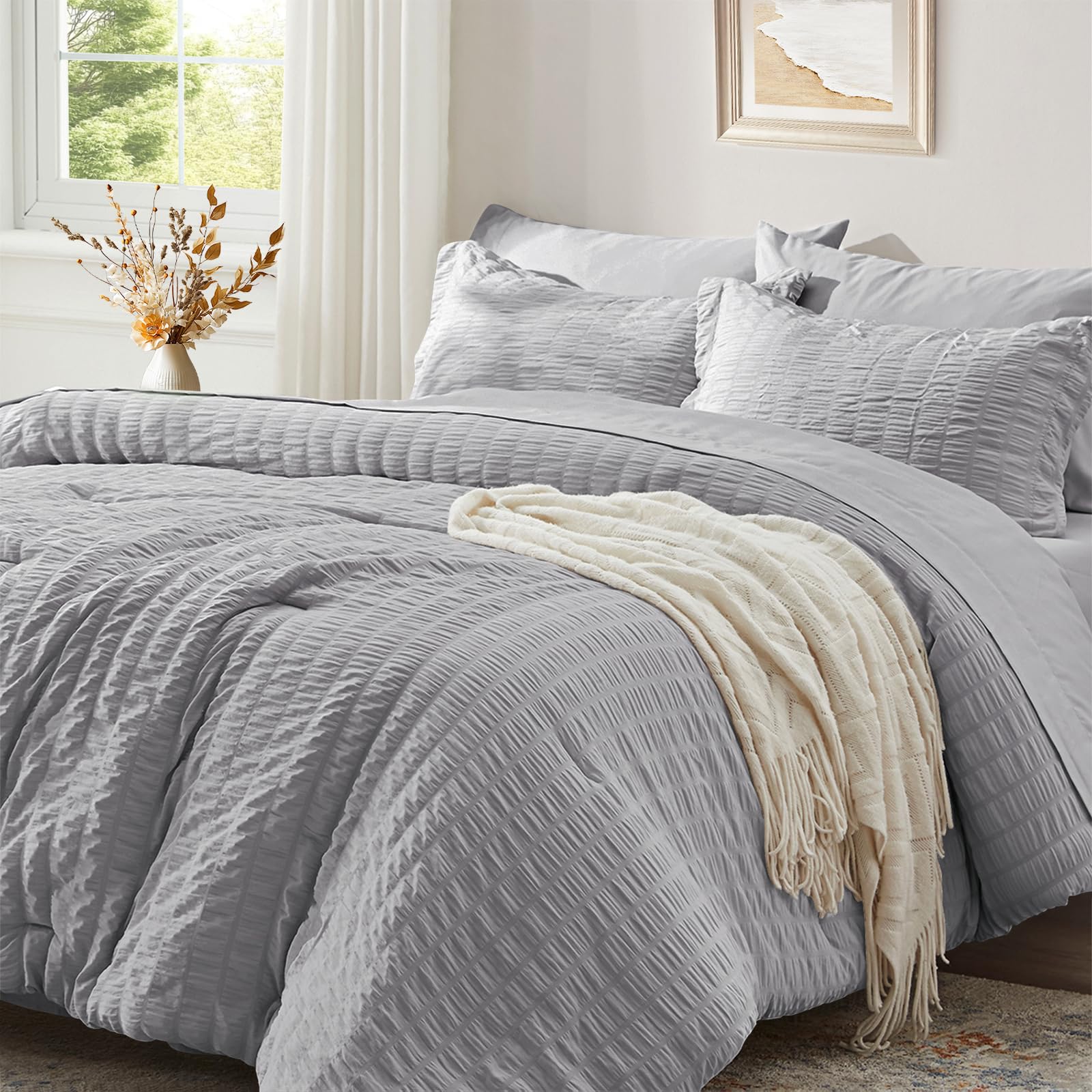 Zzlpp Full Comforter Set 7 Pieces, Light Grey Seersucker Bed in a Bag with Sheets, All Season Bedding Sets with 1 Comforter, 2 Pillow Shams, 2 Pillowcases, 1 Flat Sheet, 1 Fitted Sheet