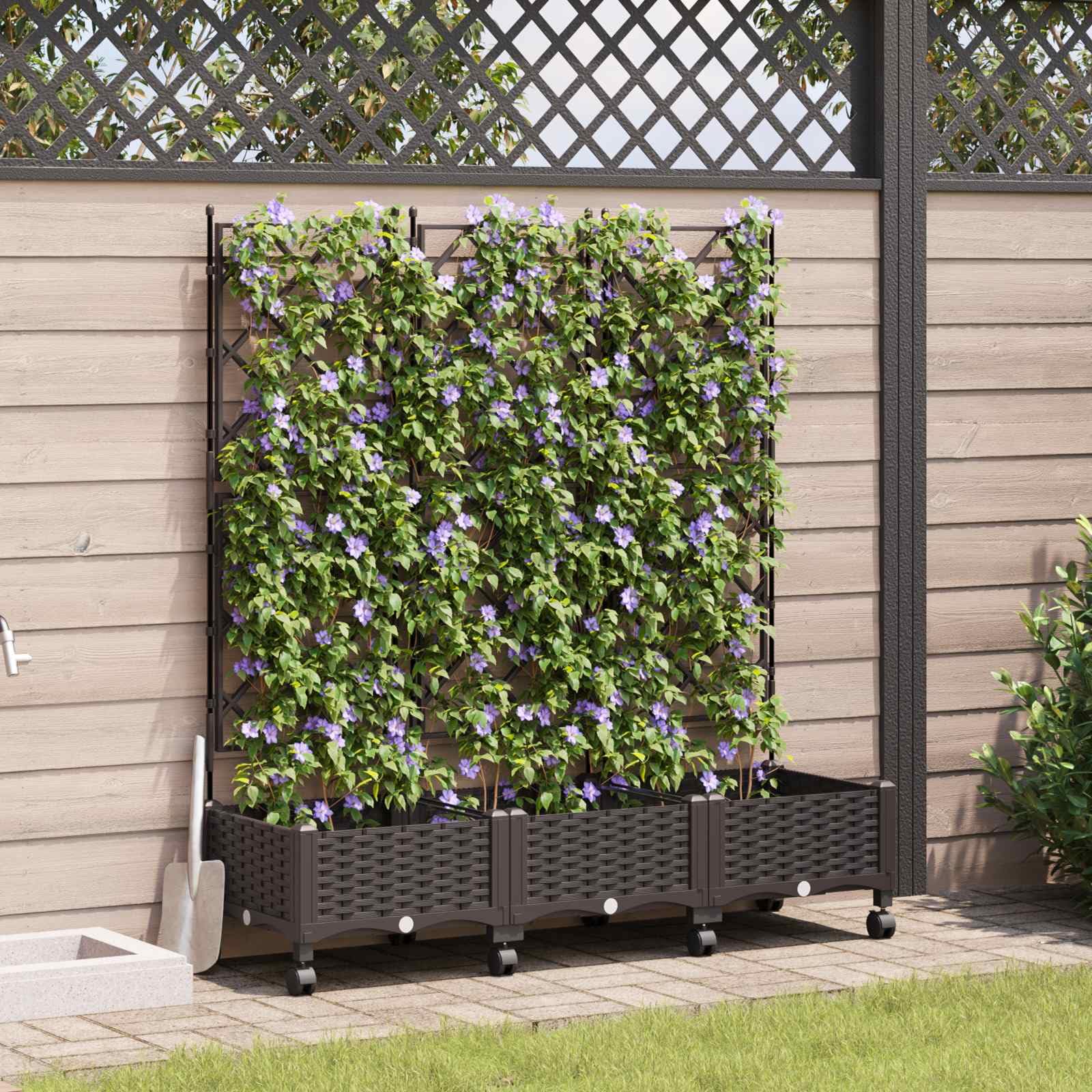 Pflanzkübel mit Spalier und Rädern 3 Stück Braun PP wetterfest für Garten Balkon Terrasse Indoor Outdoor Robustes Pflanzgefäß mit integrierter Rankhilfe und Ablauflöchern