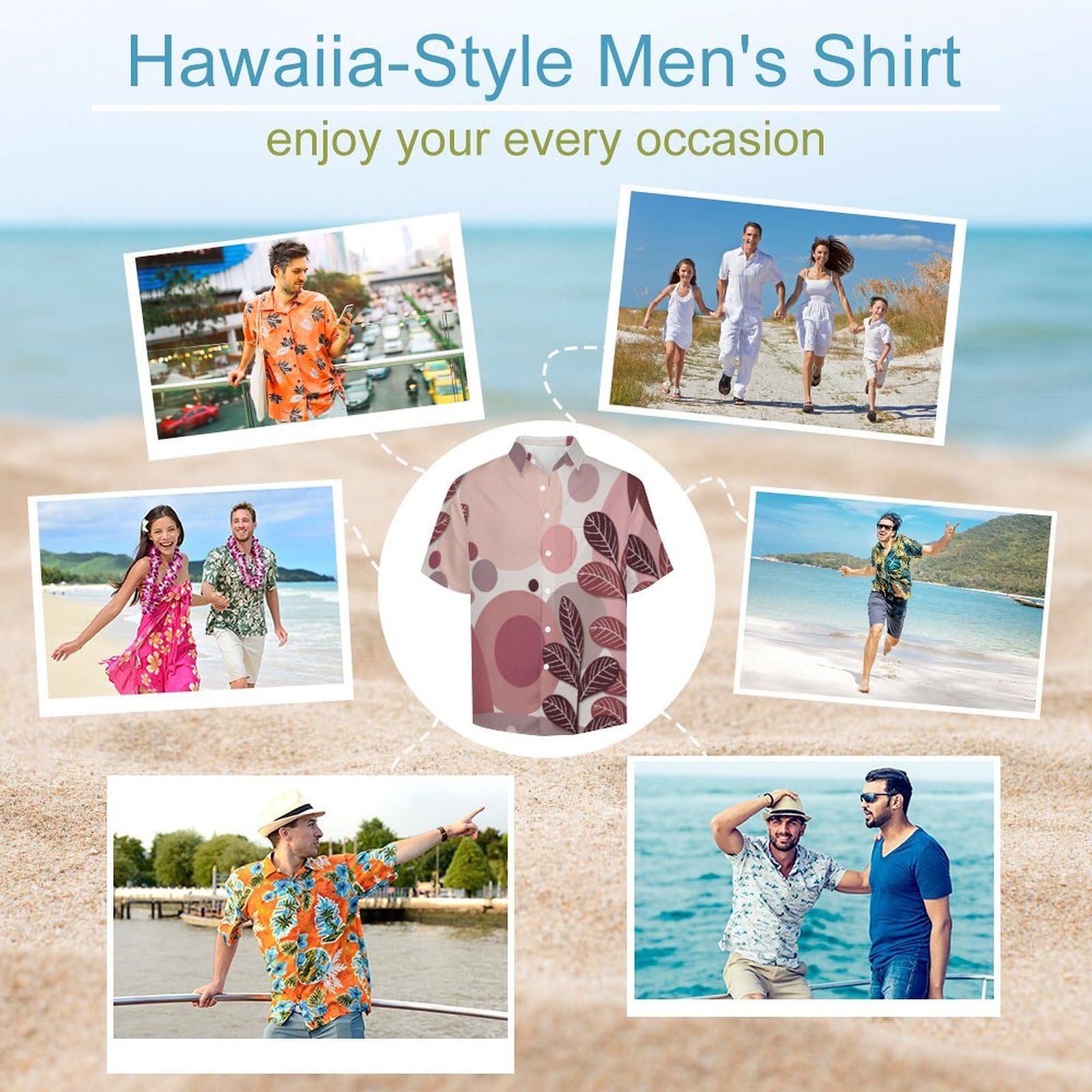 Camicie da Uomo a Maniche Corte con Stampa della Foglie Geometriche Disegno Semplice A Mano, Casual Leggere Bottoni Camicia con Tasca Frontale, per Vacanze Spiaggia Estate