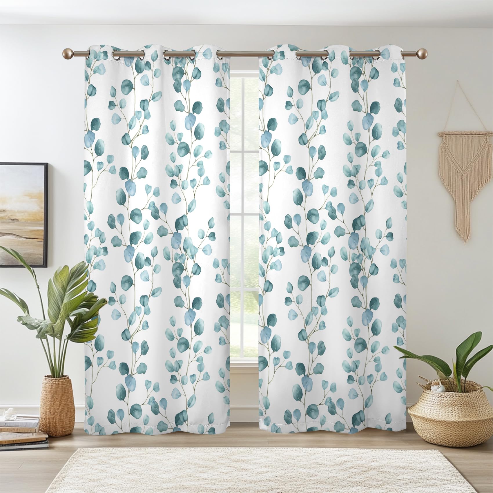 Photo 1 of Renaiss Eucalyptus Leaf Curtains Green Eucalyptus Print Blackout Window Drapes for Bedroom Botanical Grommet Top Thermal Insulated Window Curtains for Living Room 42W x 63L 2 Panel Set