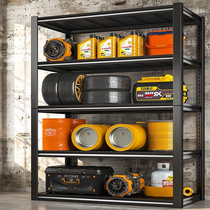 REIBII 48" Wide Garage Shelving Heavy Duty 72"H Garage Storage Shelves 3000LBS Heavy Duty Shelving Adjustable 5 Tier Metal Shelving for Garage Storage Shelving Industrial Shelving Storage Rack, Black