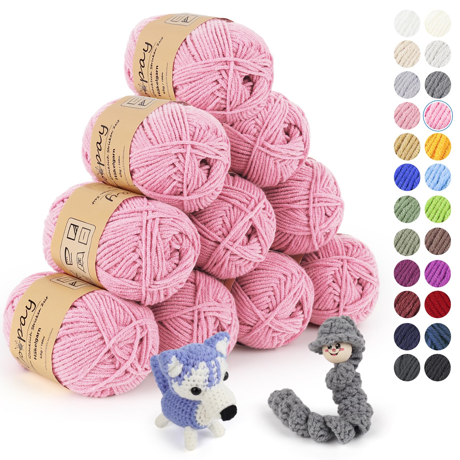 Coopay Wolle zum Häkeln, 450g (10x45g) Weiches Häkelgarn, 5 Faiding Wolle zum Stricken, Babywolle zum Häkeln für Anfänger, Super Weich Häkelgarn Babywolle für Häkel- und Strickprojekt - Hellpink