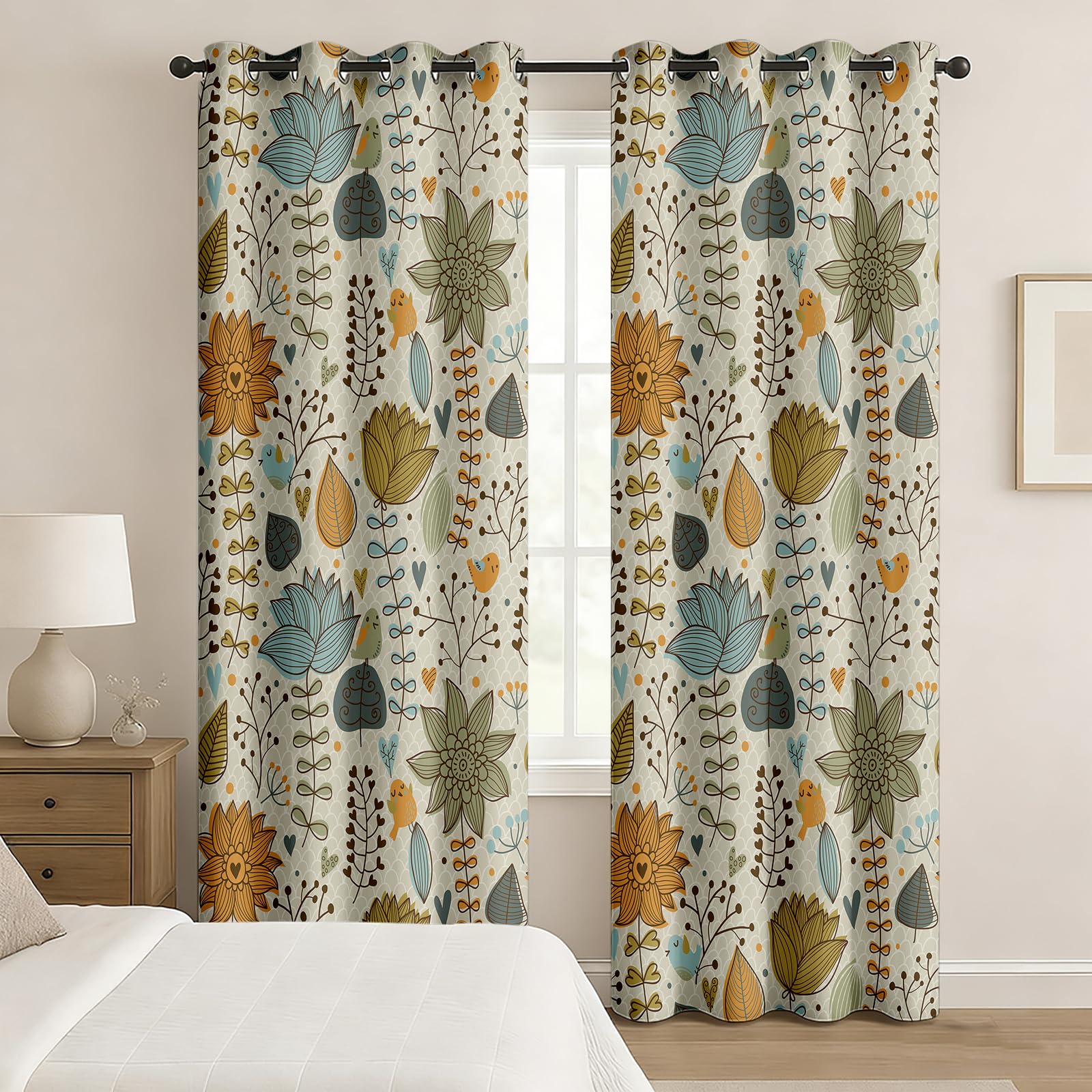 Vintage Verdunkelungsvorhänge Mit Blumen Vögeln Retro Stil Botanisches Tiere Natur Dekorative Gardinen für Wohnzimmer Schlafzimmer Kinderzimmer,2er Set 160x183 cm