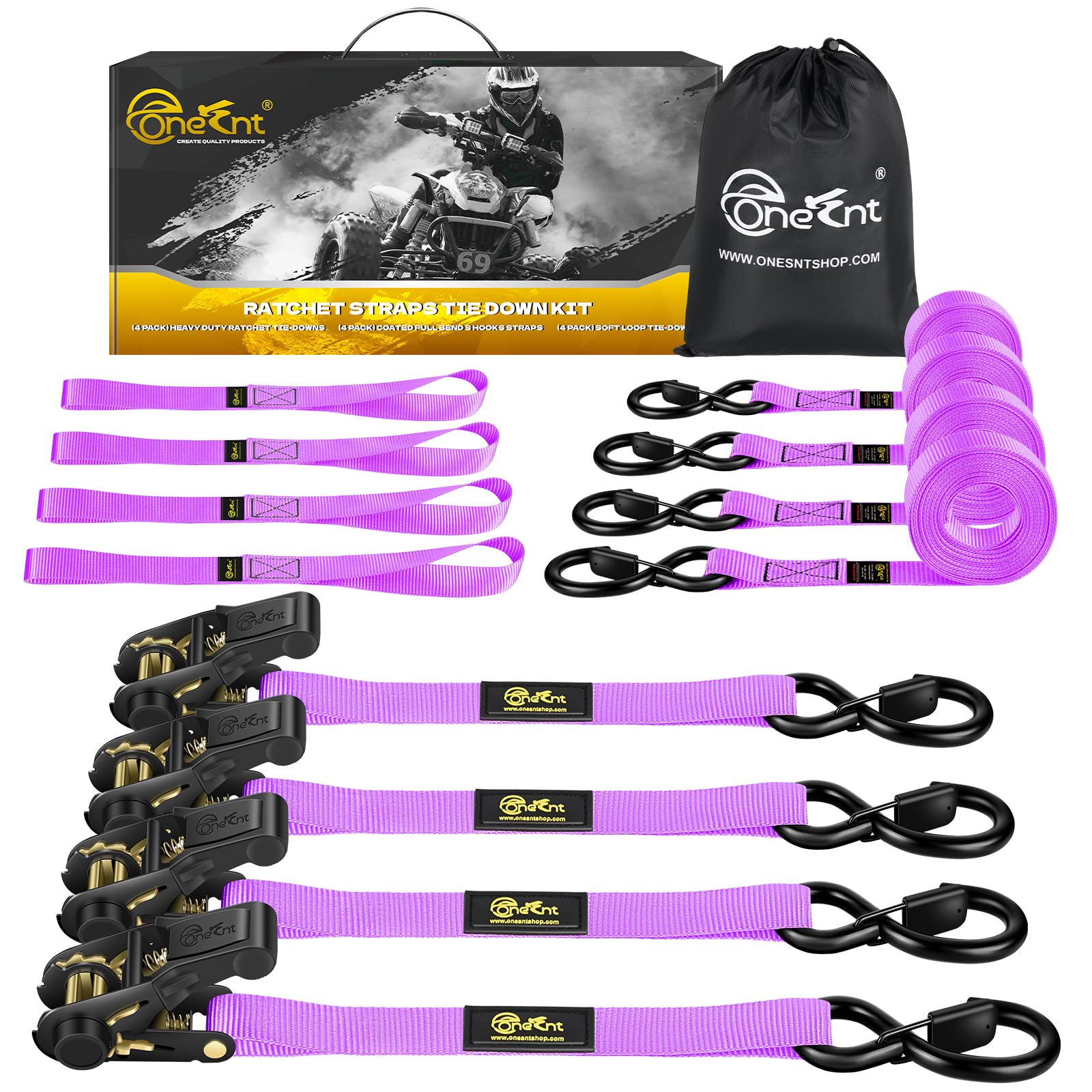 Photo 1 of 4Pcs Ratchet Tie Down Straps Kit for 2400lb Break Strength | 1” x 16FT Tie Down Straps with Soft Loop Tie-Downs & Safety S Hook - Cargo Strap Tie Down for Trucks, Motorcycle, Moving, Appliances-Purple