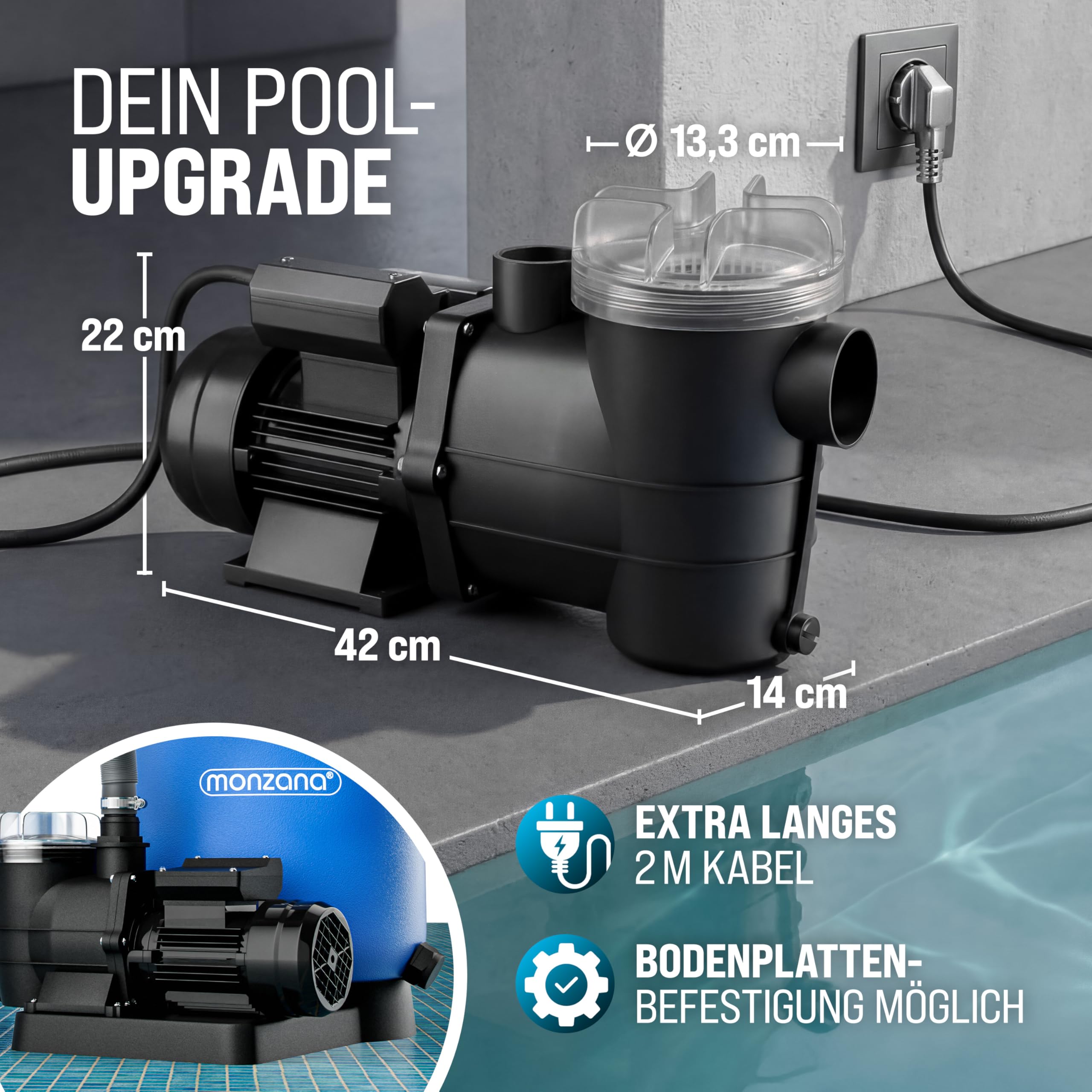 Monzana® Filterpumpe 9.960 l/h mit Vorfilter Poolpumpe Umwälzpumpe Sandfilter Pool Pumpe 9,0m Förderhöhe Poolfilter