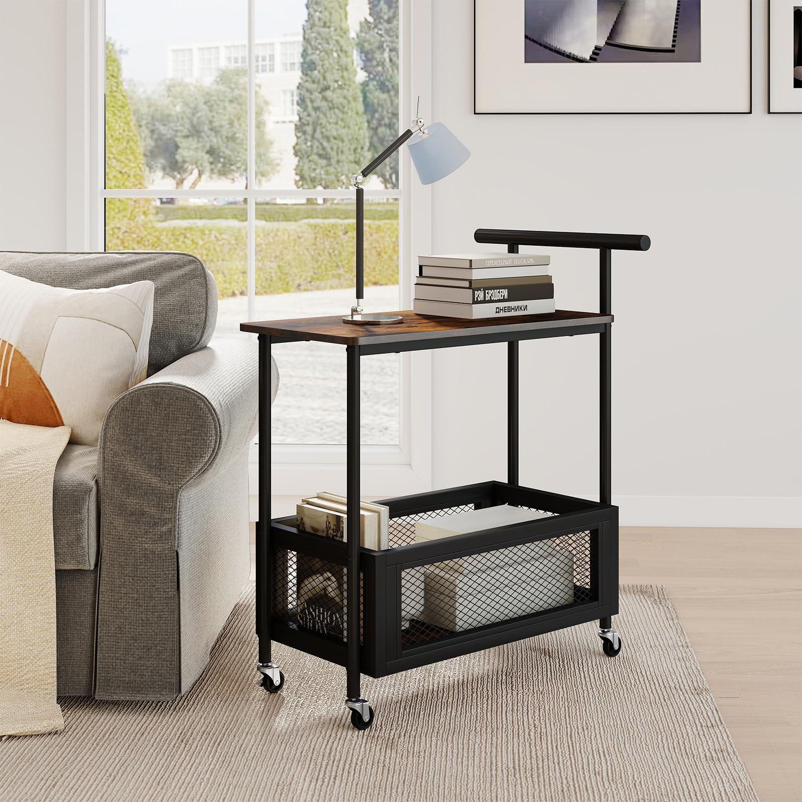 Giantex Mesa Auxiliar con Ruedas, Carrito Móvil con Estante y Cesta de Almacenamiento, Carro de Servicio con Asa, 60 x 40 x 72 cm, Mueble Auxiliar para Cocina, Comedor, Salón, Bar