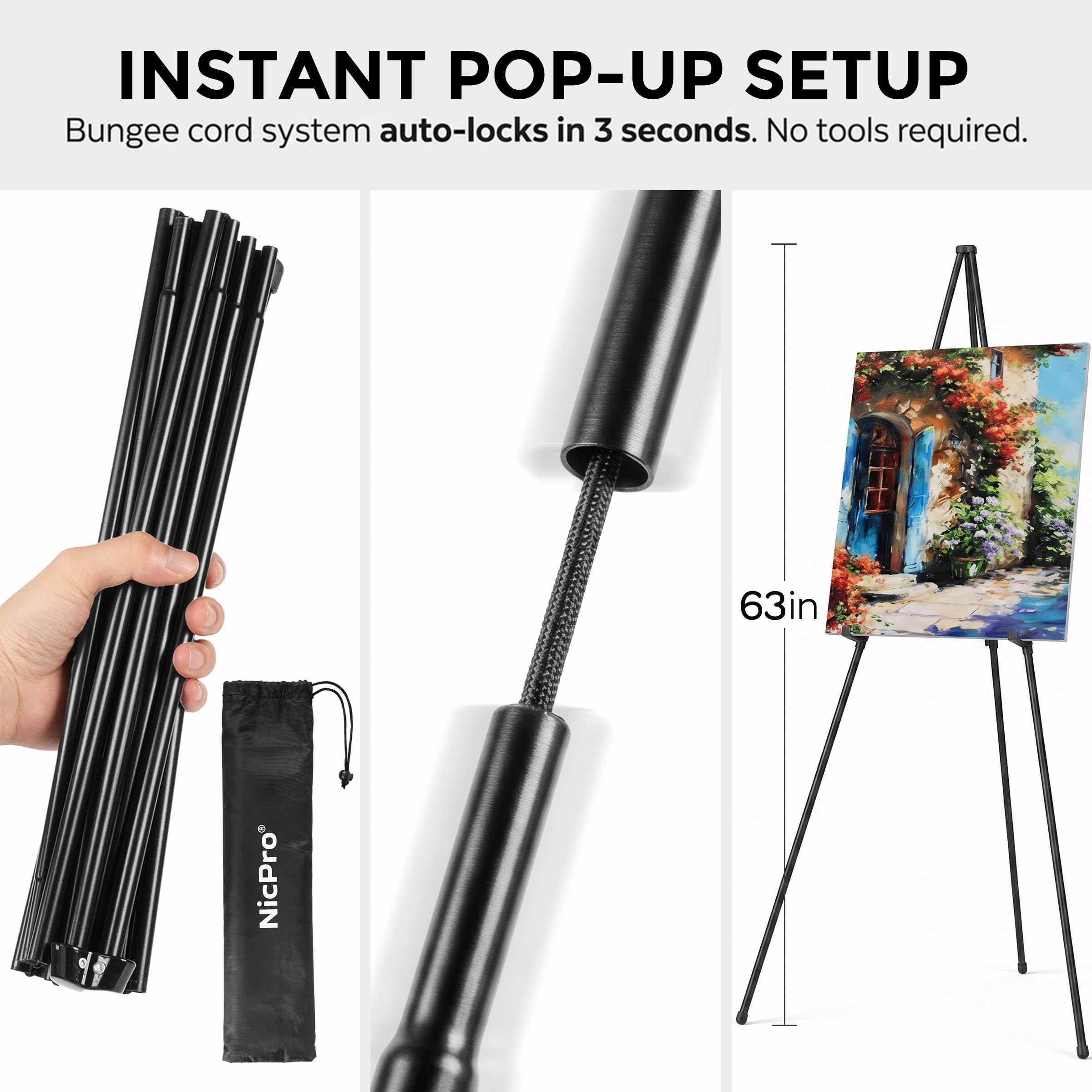 Nicpro 2 piezas caballete de pintura plegable Art para exhibición, caballete de piso de metal de 160 cm, trípode negro plegable para rotulistas, carteles, bodas | Con bolsa de transporte