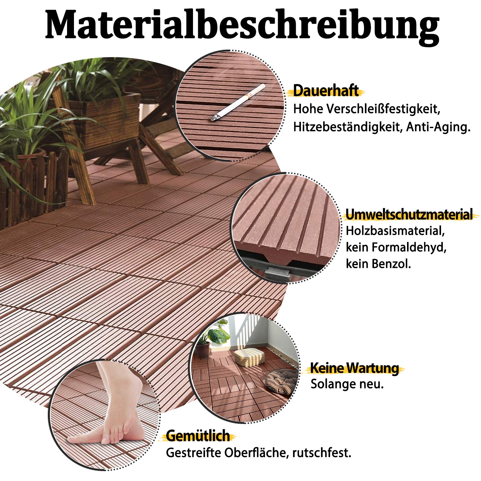 NAIZY Baldosas de madera para terraza 30x60cm Suelos de WPC Autoensamblaje Tablones de plástico con aspecto de madera para jardín Balcón Terraza (6 piezas por 1m2, marrón)