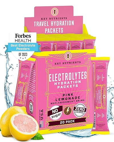 KEY NUTRIENTS - Paquetes de hidratación de electrolitos, limonada rosa fresca, paquete de 20, polvo de hidratación de viaje, sin azúcar, sin