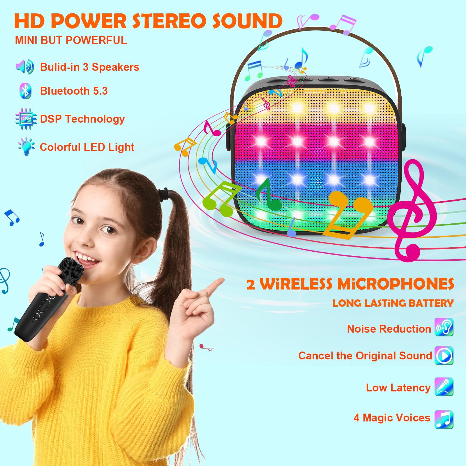 Macchina Karaoke per Bambini con 2 Microfoni Wireless - Microfono Bluetooth, Altoparlante Portatile, Cambio Voce, Luci LED, Giocattolo Musicale per Ragazze e Ragazzi, Regalo per Compleanni e Natale