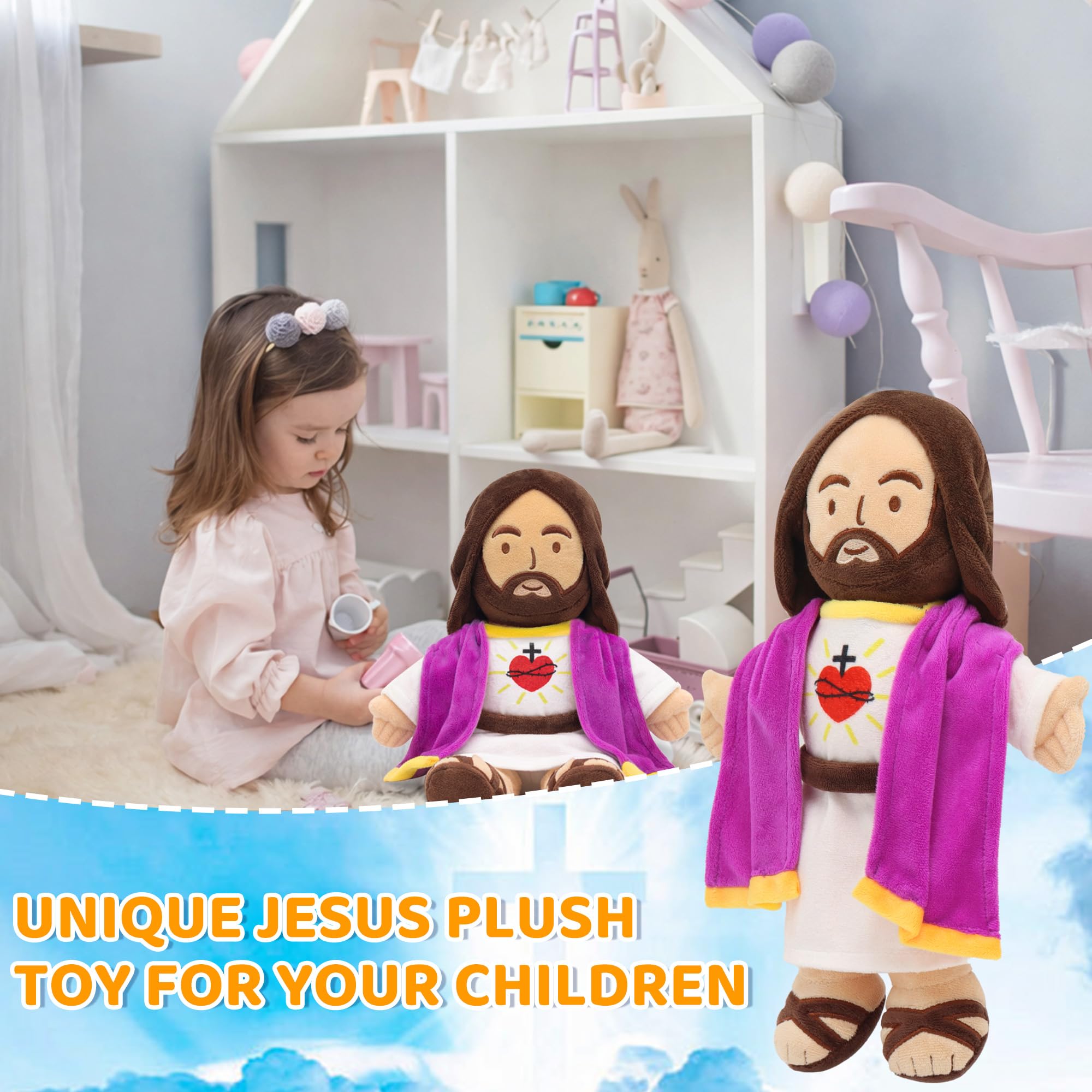 Yelakey Muñeca de peluche de Jesús de 13.4 pulgadas con chal con ribete dorado, regalo religioso cristiano para niños, decoración de Navidad y Pascua (morado)