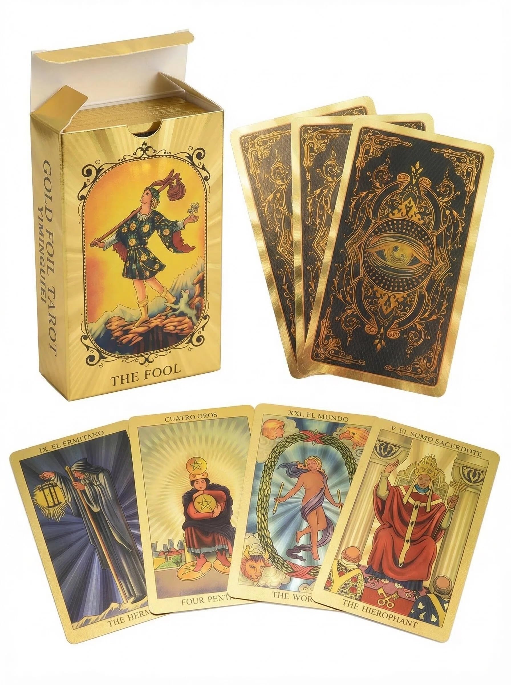 Imagen de catálogo asociada a YIMINGOUFEI Tarot Rider Waite Español-Inglés, 78 Cartas Bilingües Doradas | 78 cartas bilingües