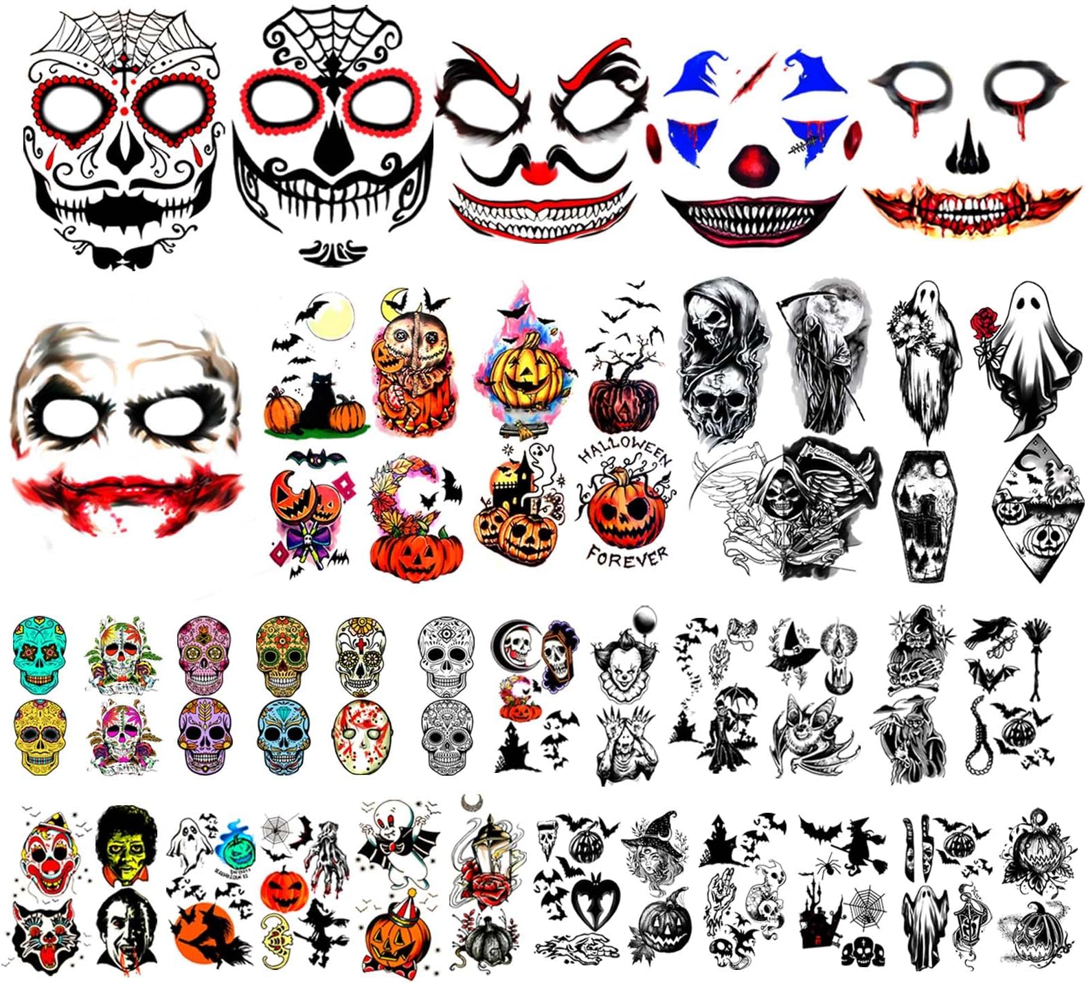 Yazhiji 42 Sheets Halloween Temporary Tattoo Family Set Day of Dead Pumpkin Ghost for Women Black Fake Death Skull Skeleton Tatoos for Men Boy and Girl, Halloween Zombie Makeup Tattoo Kit