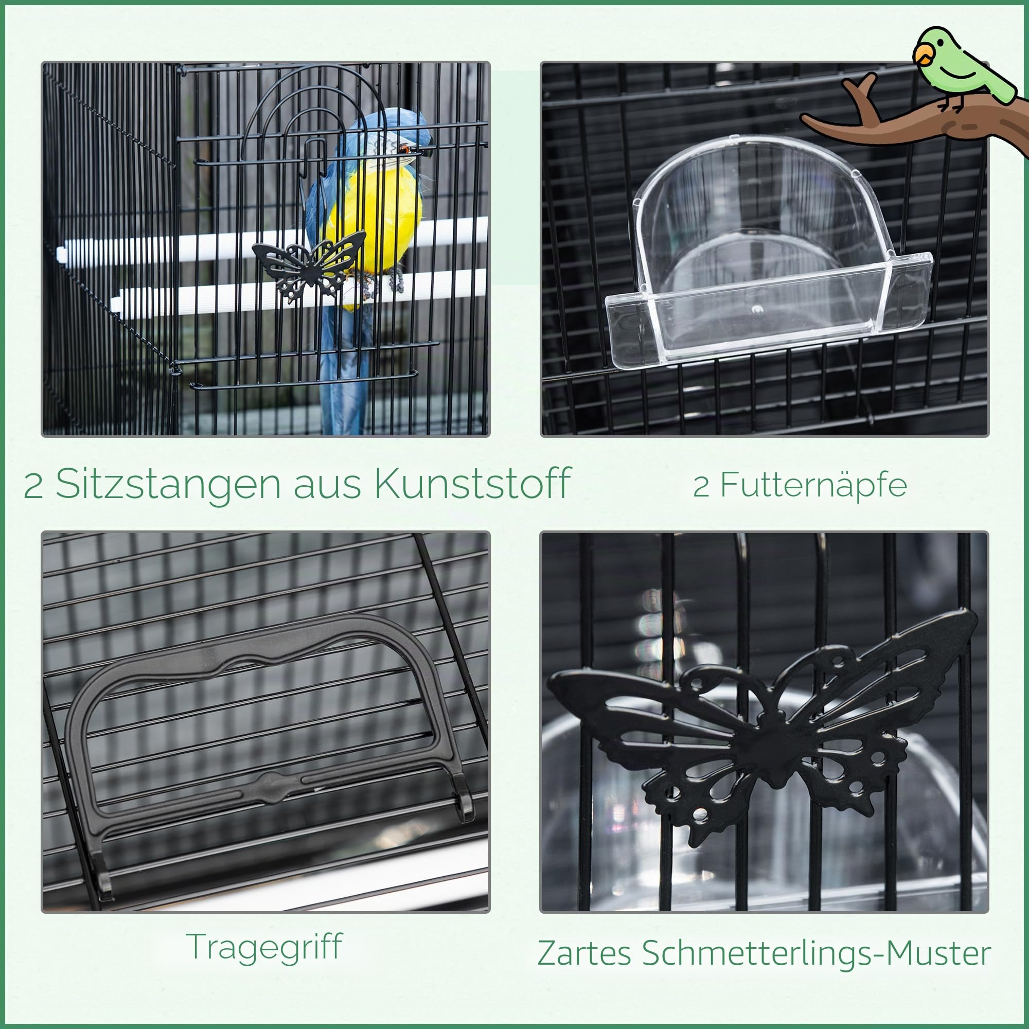 PawHut Vogelkäfig mit 2 Sitzstangen und 3 Eingängen, Voliere Vogelkäfig mit Tablett und 2 Futterbehältern, aus Metalldraht und Kunststoff, 60x41x41 cm, Schwarz | Vogelkäfig, Kanarienvogel, mit Tablett, 2 Futterbehältern, aus Draht und Kunststoff