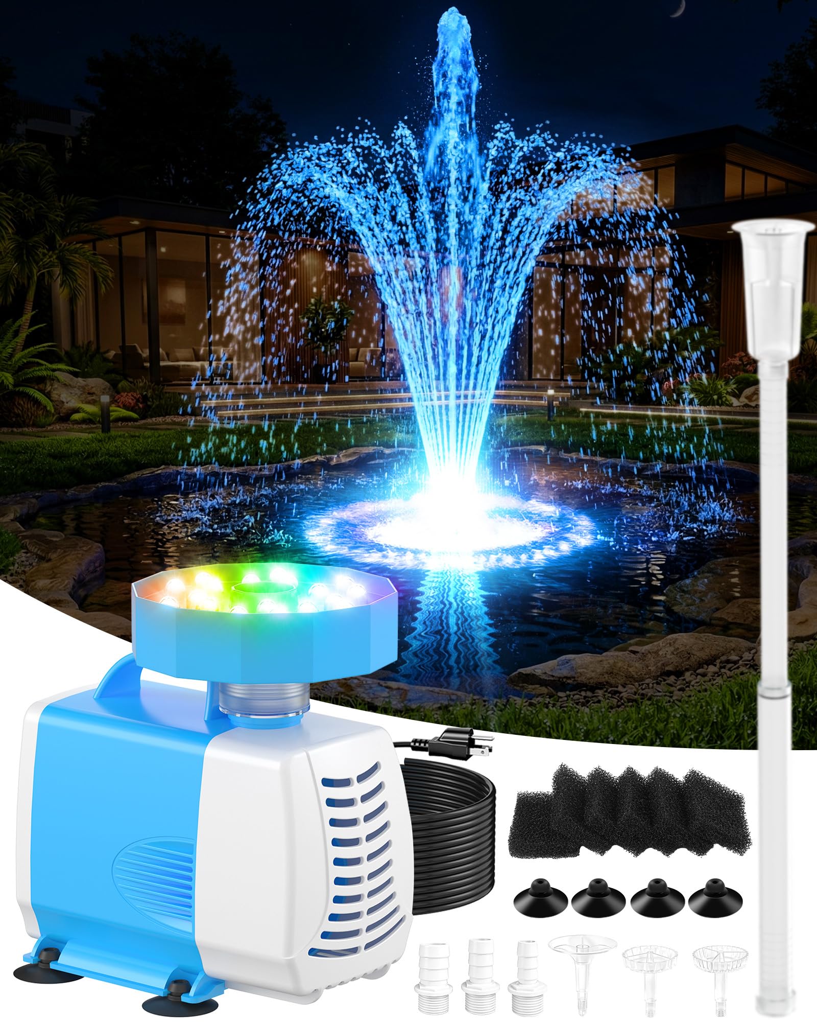 Luxfero Pompe pour Fontaine Extérieur avec Filtre, 3000 L/H, Lumières RGB, 3 Modes de Pulvérisation