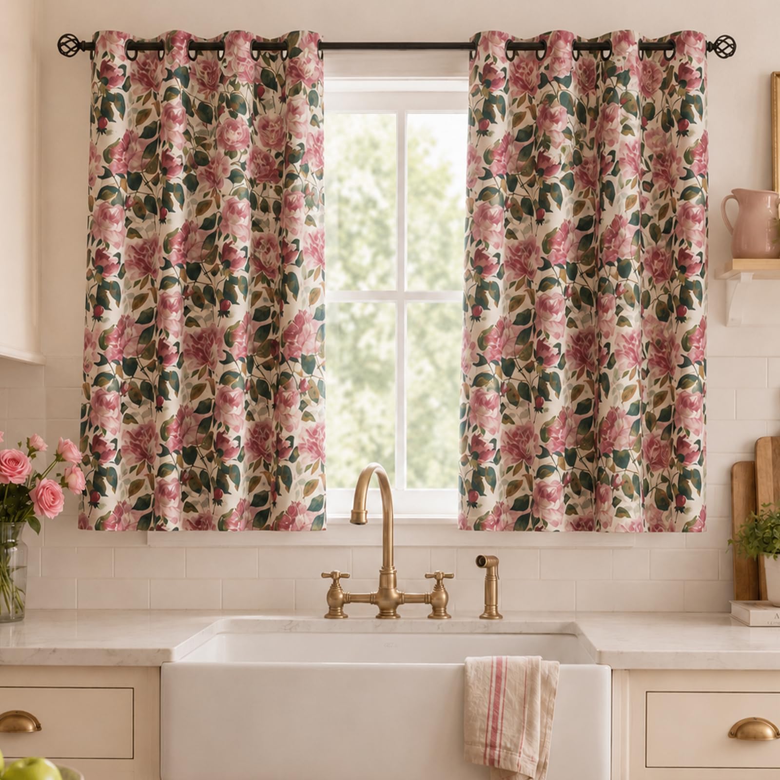ALIGOGO Pink Floral Linen Curtains for Kitchen, 2 Panels 50" W x 54" L