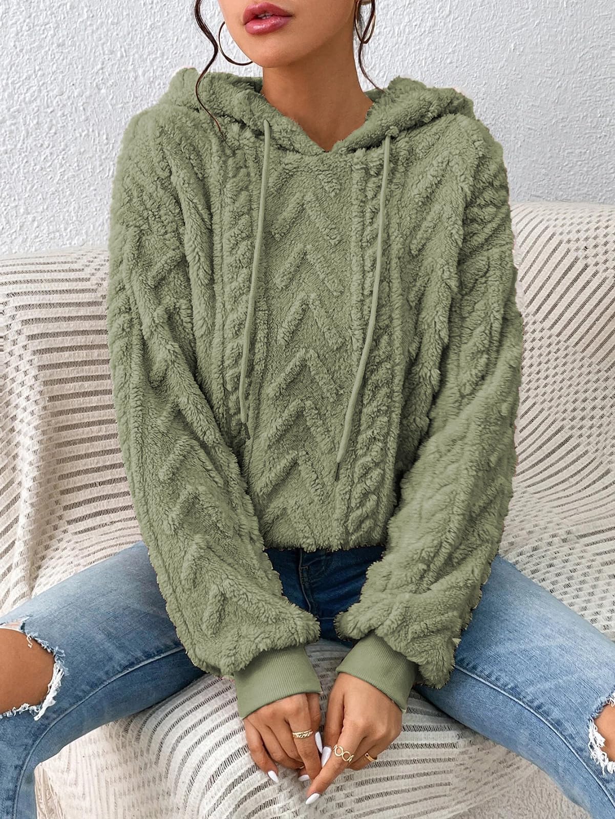 Zetieny Donna Felpa con Cappuccio in Pile Pullover Jacquard a Maniche Lunghe Top Casual Oversize con Coulisse