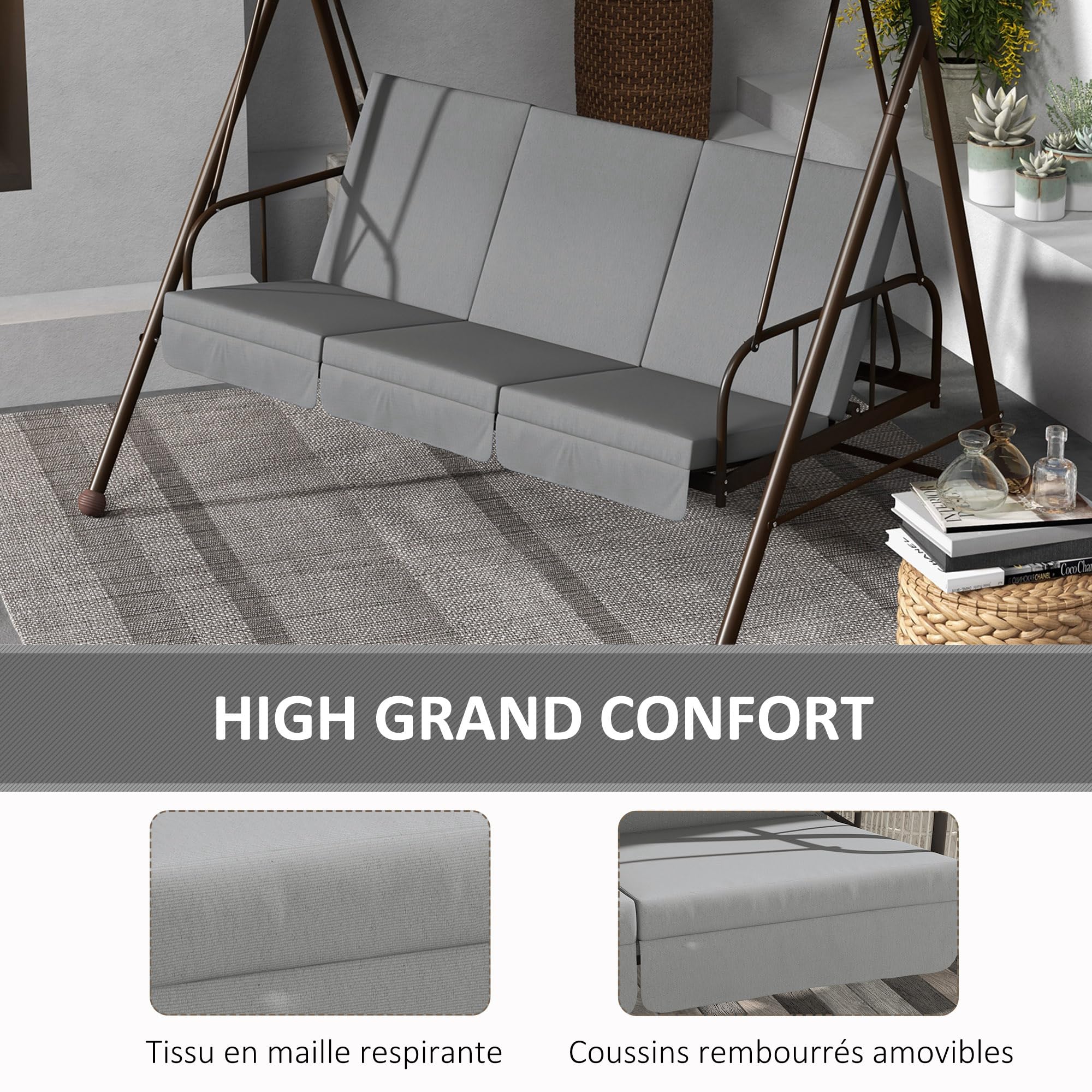 Outsunny - Balancín de jardín convertible, 3 plazas, gran comodidad con techo ajustable, 3 cojines de acero poliéster, color gris