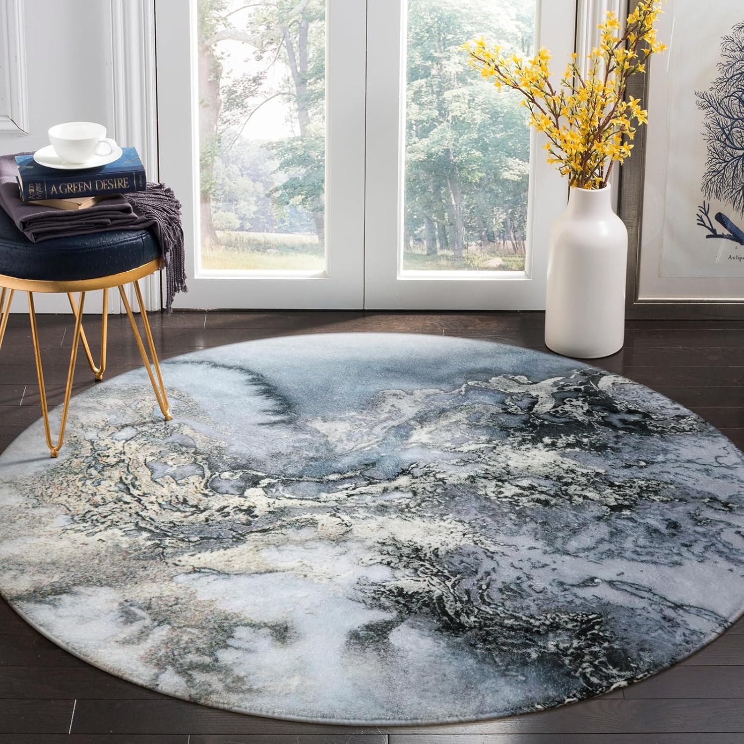 Lahome Marble Pattern Washable Round Rugs - 5'3"Ft Non-Slip Large Circle Rugs for Bedroom Throw Soft Thin Round Rug for Living Room Grey Print Distressed Round Carpet for Office Sofa Dining