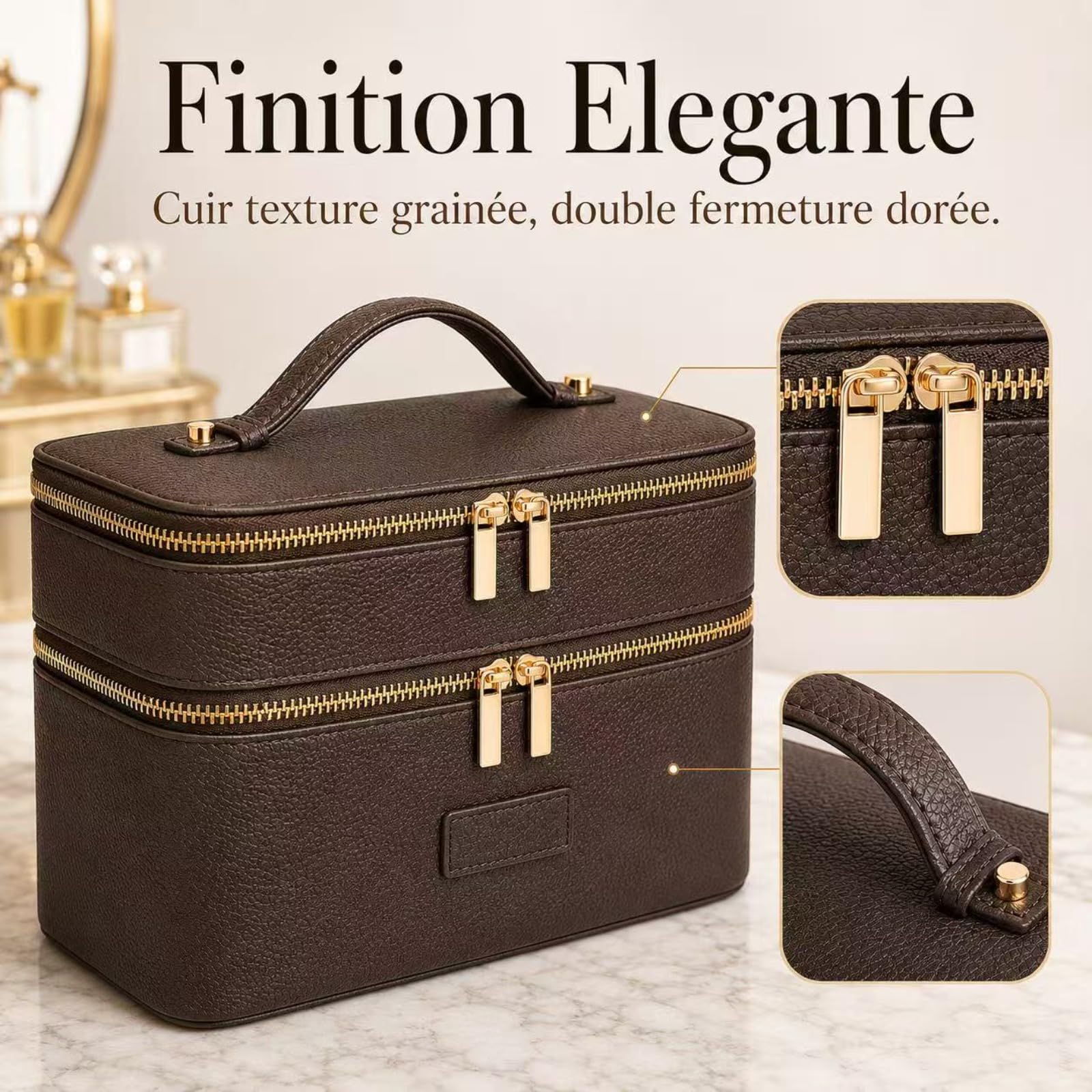 Vanity Maquillage en Cuir Double Couche Femme, Trousse de Toilette Voyage avec Compartiments Amovibles, Vanity Maquillage Femme, Trousse de Toilette Imperméable Portable