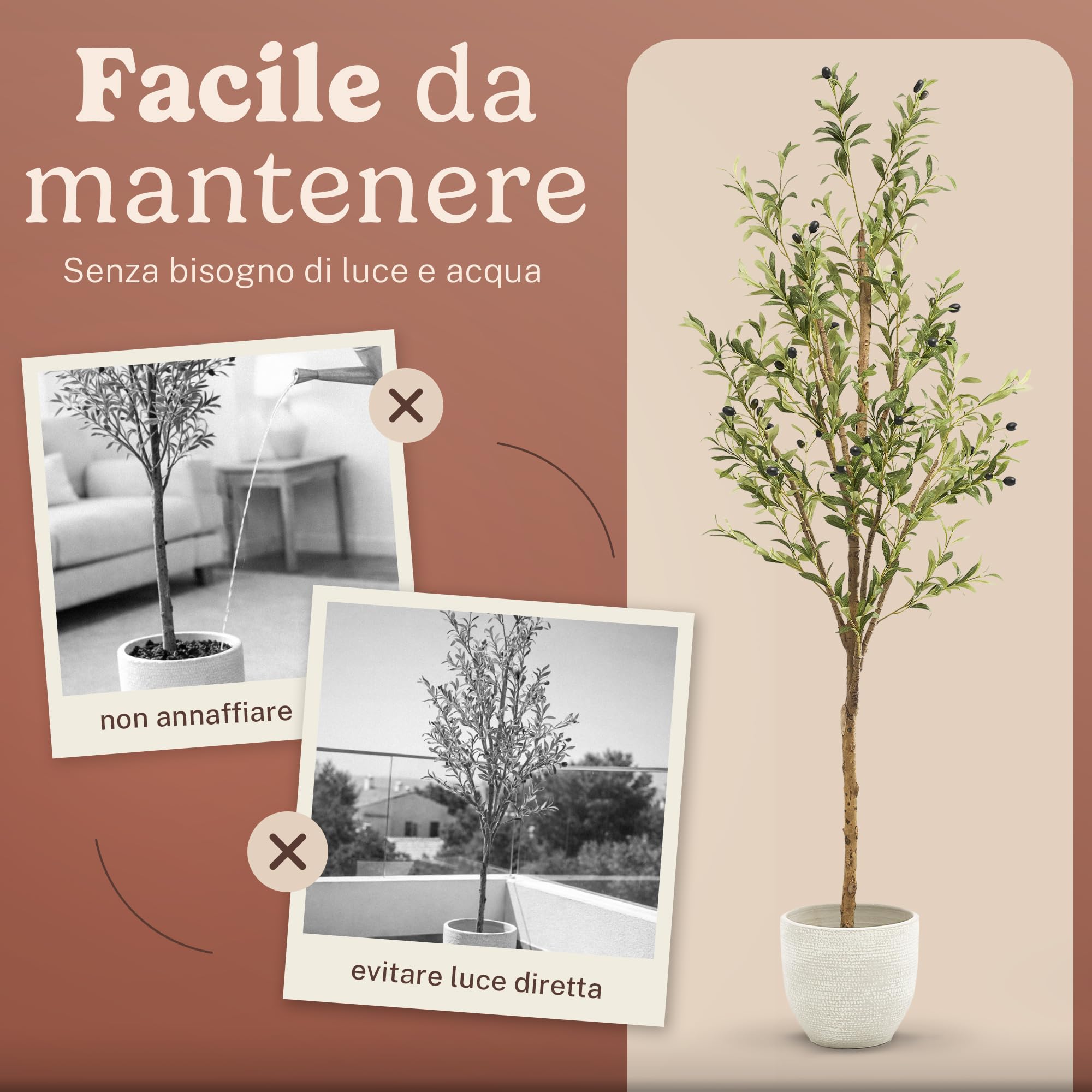 MAIA SHOP Olivo artificiale 180 cm Minimal, pianta finta grande da interno con tronco naturale, albero decorativo realistico per arredare casa ufficio e hotel