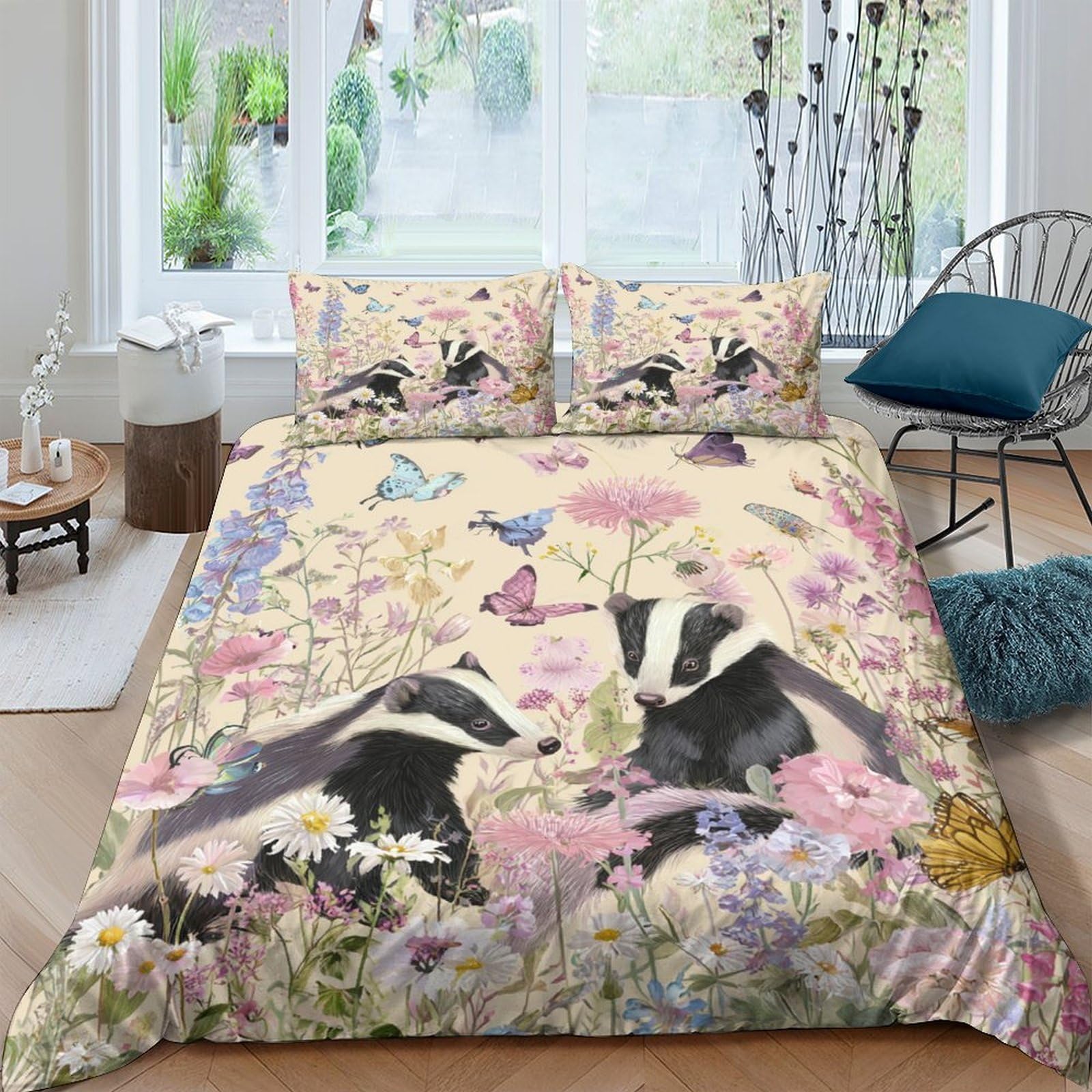 Ctjqhvkz Style-6 3D Printed Badger Wildflower Fitted Sheet Microfiber Soft Nature Meadow Bed Cover For Bedroom Guestroom Decor Single（135X200cm）
