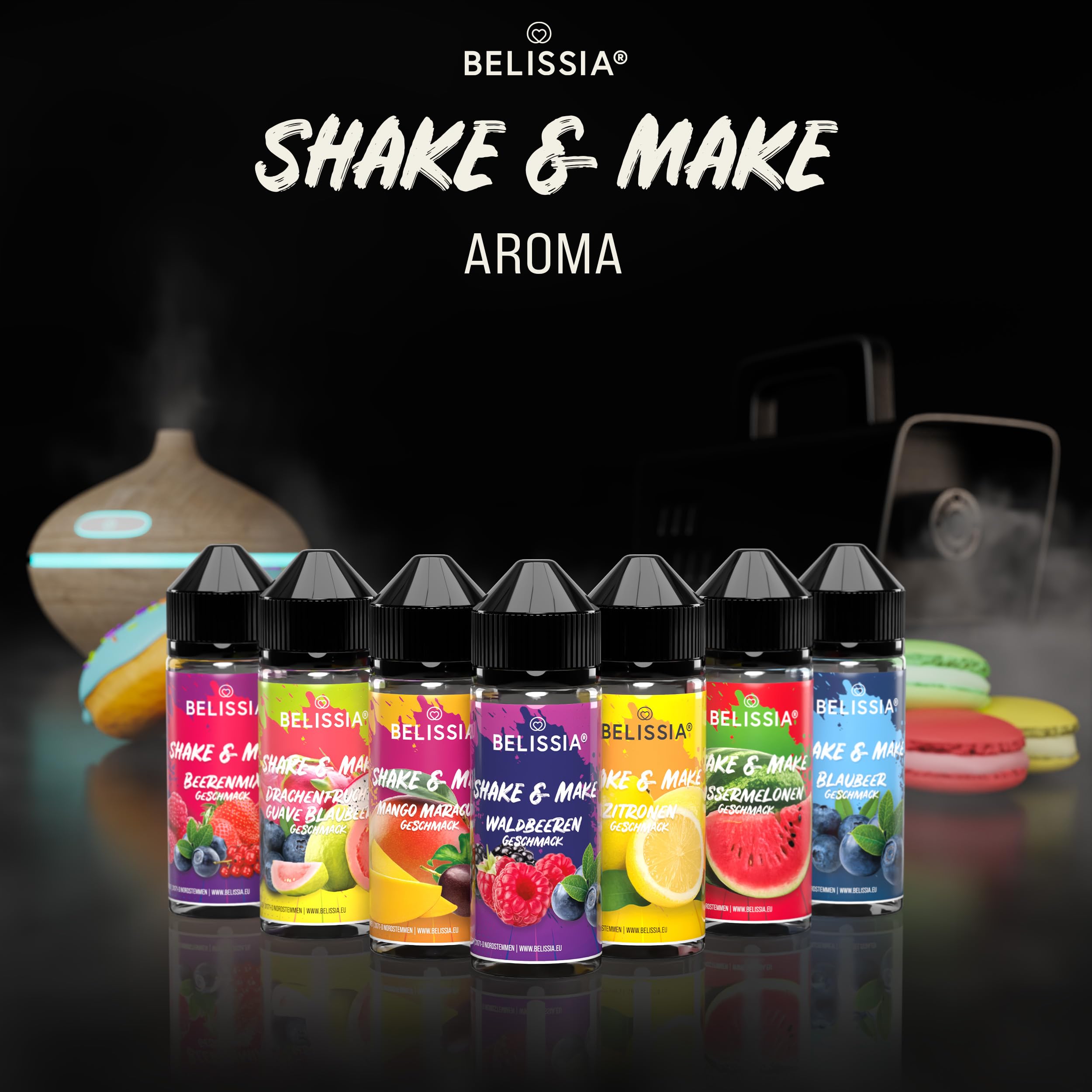 Belissia Shake and Make Set Greatest Hits - 6x10ml hochdosiertes Lebensmittelaroma + 120ml Schüttelflasche - Für Backen, Speisen, Getränke, Shakes, DIY & Raumduft - Vegan, ohne Zusatzstoffe