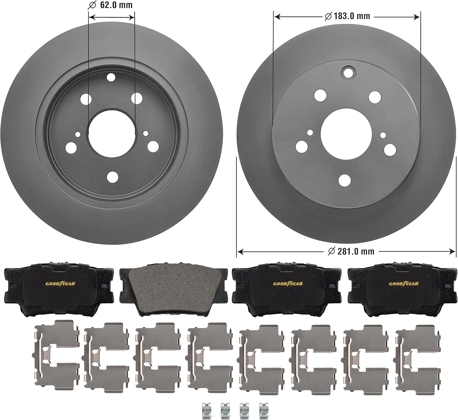 Set of 2 Goodyear Brakes PRK91866R | Rear Premium Brake Kit with Pair (2) of AntiOx Coated Brake Rotors and Ceramic Brake Pads fits Lexus HS250h 12-10; Toyota RAV4 18-06