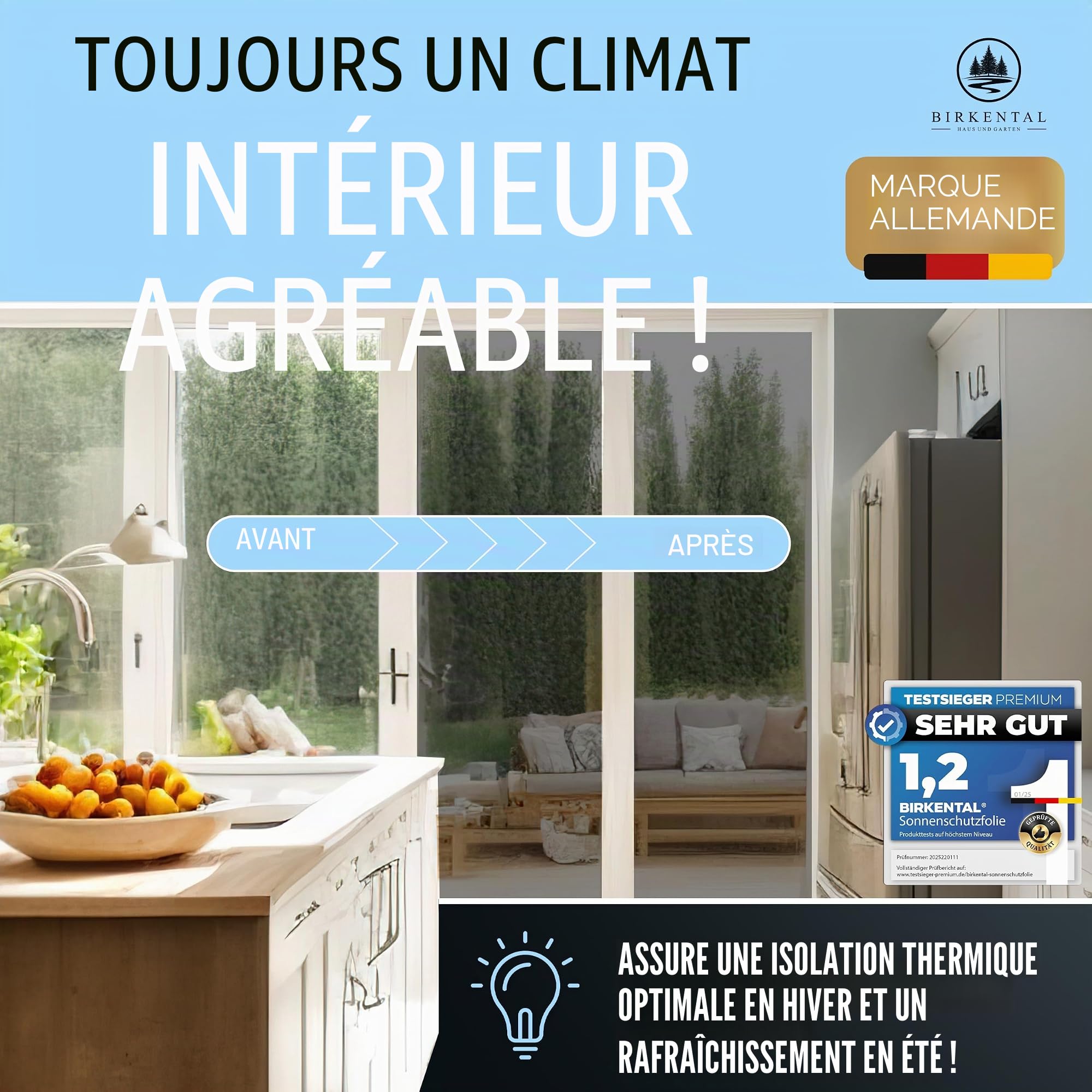 Birkental Film de protection solaire, pour fenêtre intérieure ou extérieure, protection UV, miroir, thermique, opaque, autocollant, 105 x 400 cm