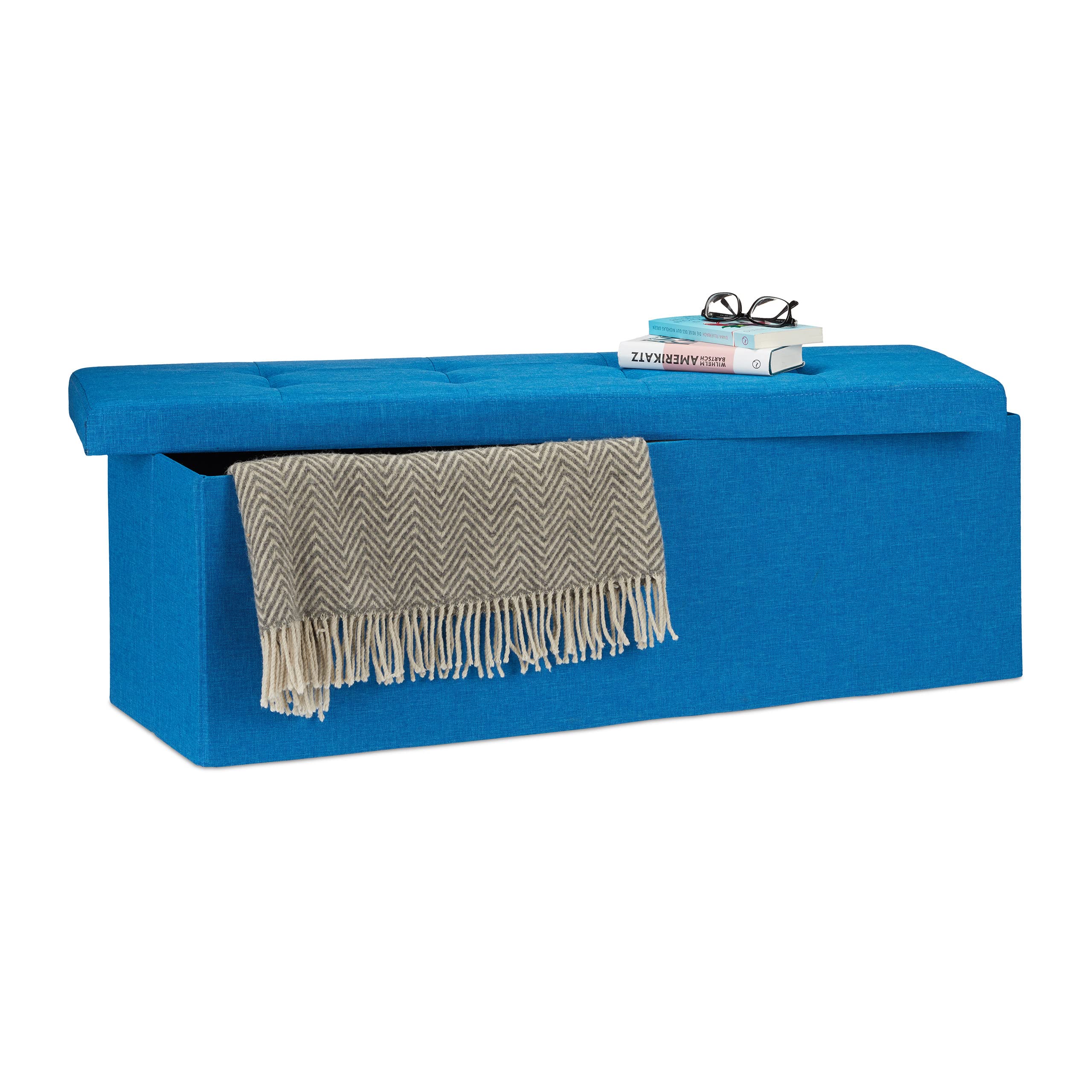 Relaxdays Folding Storage Bench XL, 38 x 114 x 38 cm, Foldable Ottoman Footstool, with Lid, Fabric, Blue