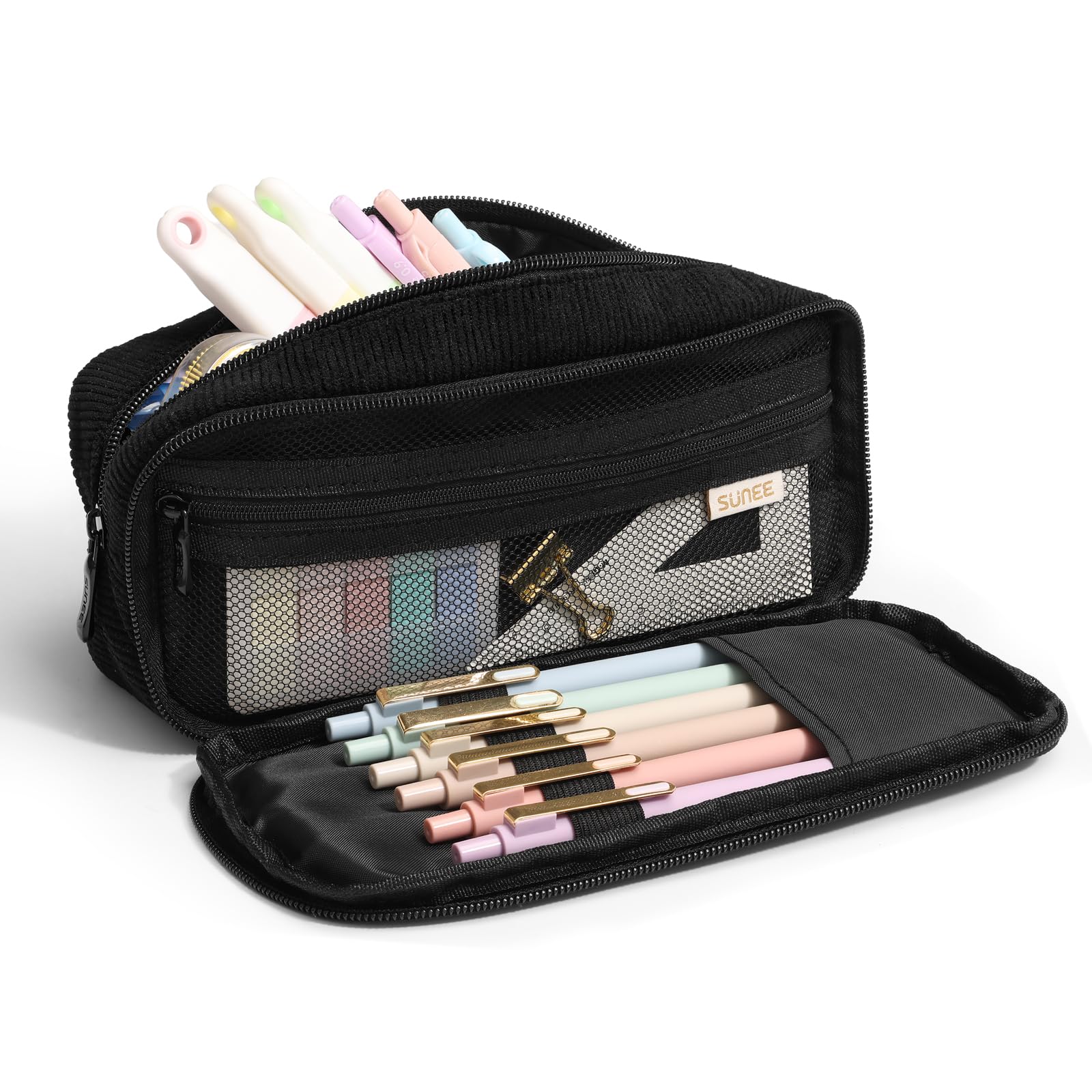 SUNEE Pencil Case, Large Capacity Pencil Pouch, Aesthetic Big Pen Bag, Soft Corduroy Pen Box for Office Stationery Organizer School Supplies Multifunctional for Teen Boys Girls Women Men, Jet Black