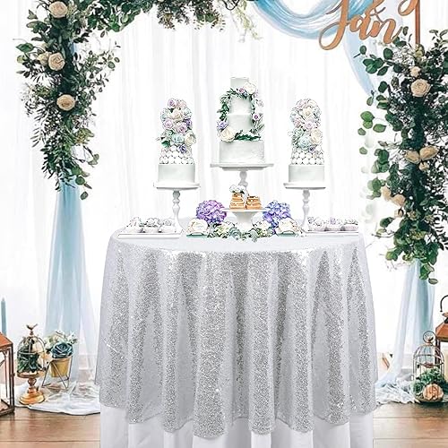 ShinyBeauty Mantel de lentejuelas color plateado de 60 pulgadas, mantel redondo de lentejuelas brillantes, decoración de boda glamorosa