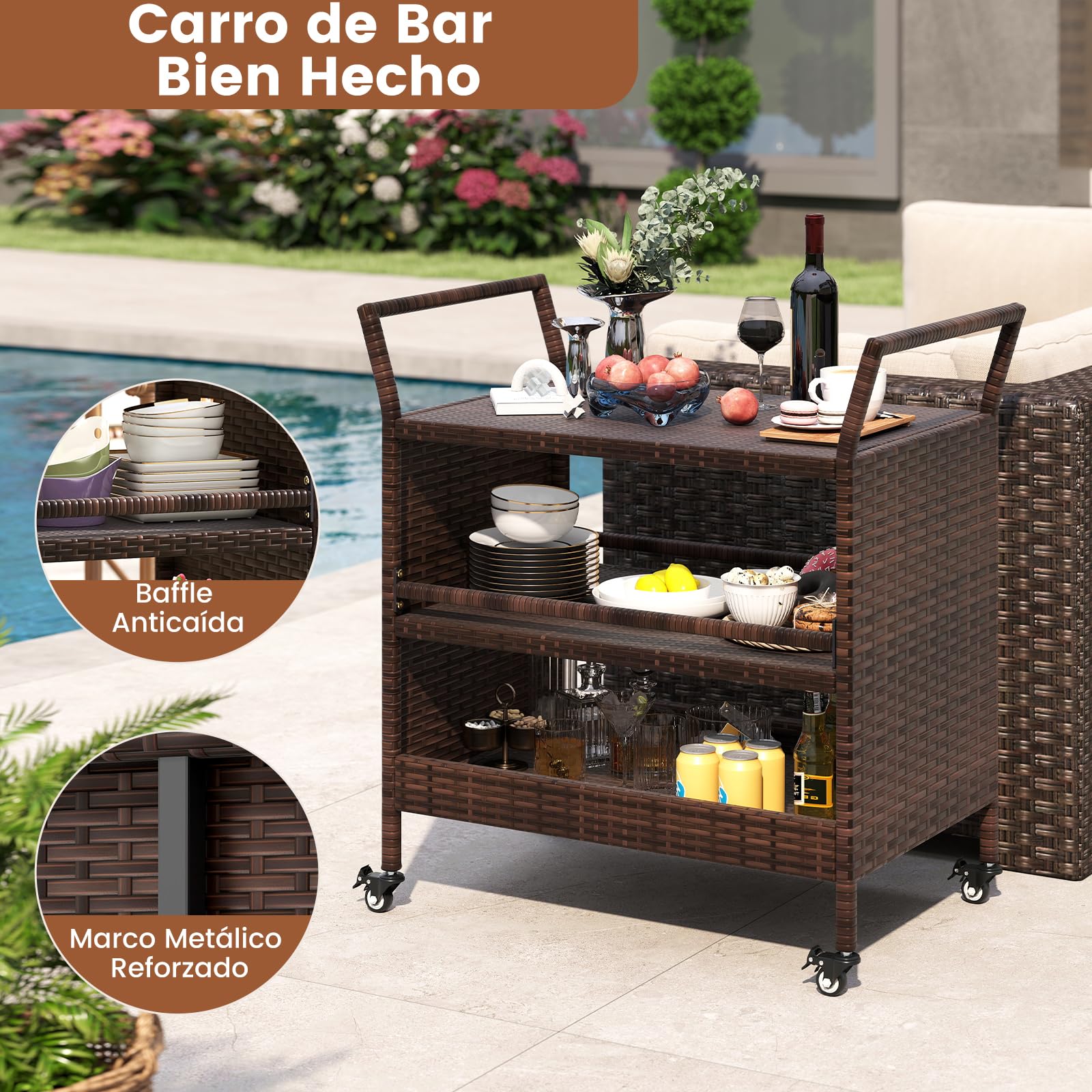 COSTWAY Carrito de Cocina de Ratán, Carro de Servicio Portátil de 3 Niveles con 4 Ruedas Bloqueables y Asas Laterales, Mesa de Exterior para Jardín y Patio, Color Marrón Mixto, 86x50x89cm