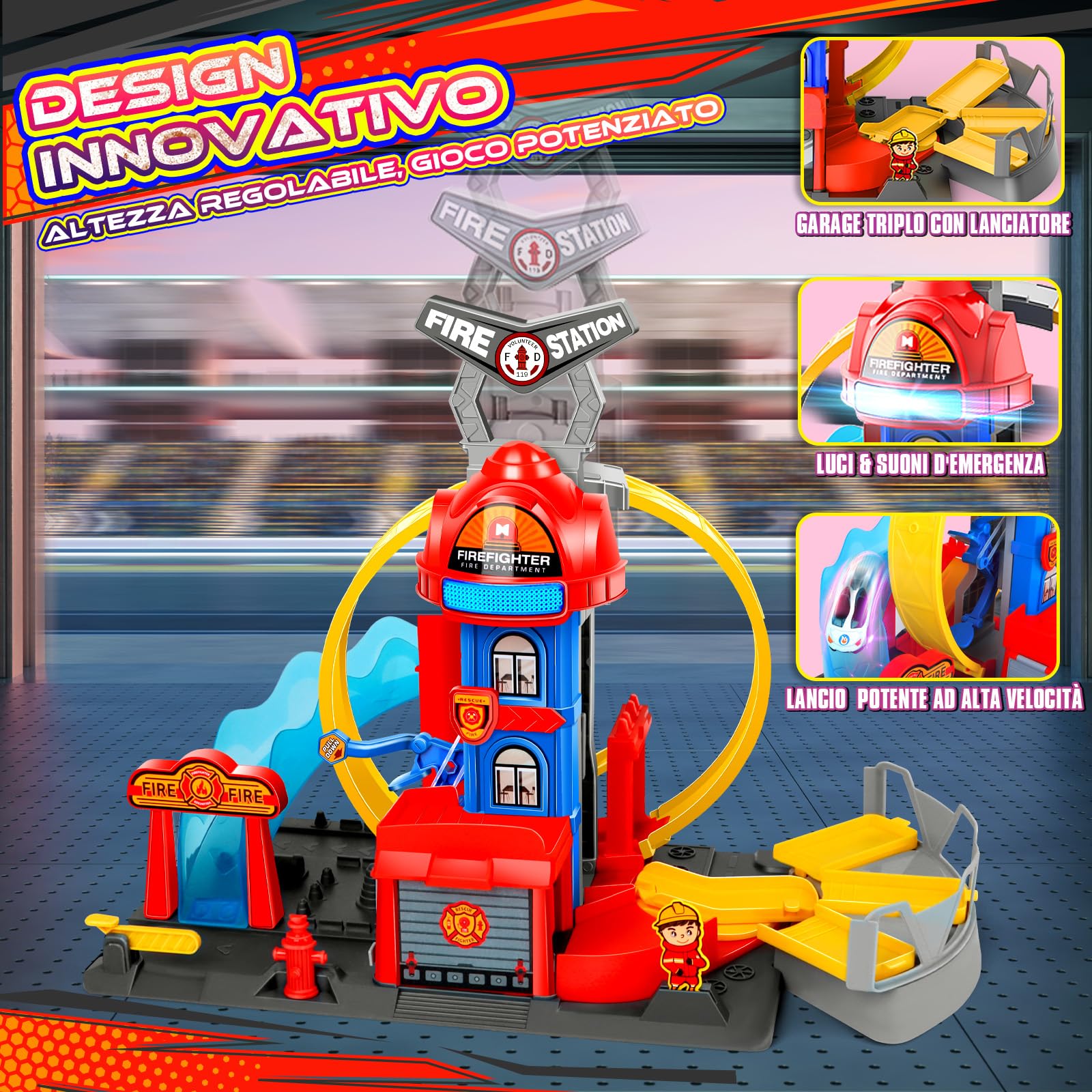 Charmofun City Caserma dei Pompieri con Super Loop, Set di Pista per Macchinine con 4 Macchinine, 3 Parcheggi, Piste con Ascensore e Luci e Suoni, Circuito a Lancio Giocattolo per Bambini dai 4 Anni