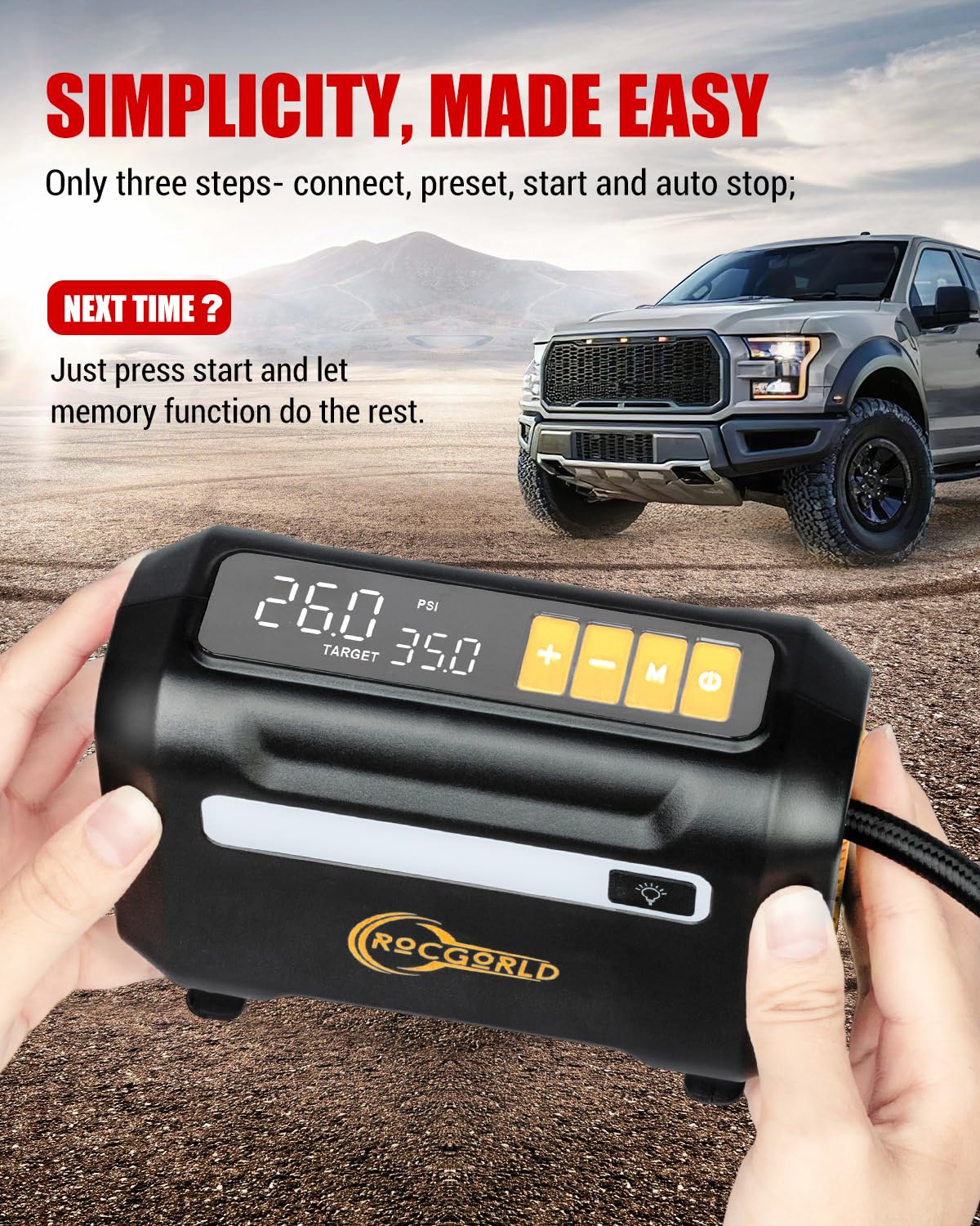 ROCGORLD R8 - Compresor de aire portátil para inflador de neumáticos, compresor de aire portátil de 12 V CC con pantalla digital doble grande, inflación 3 veces más rápida para neumáticos de coche