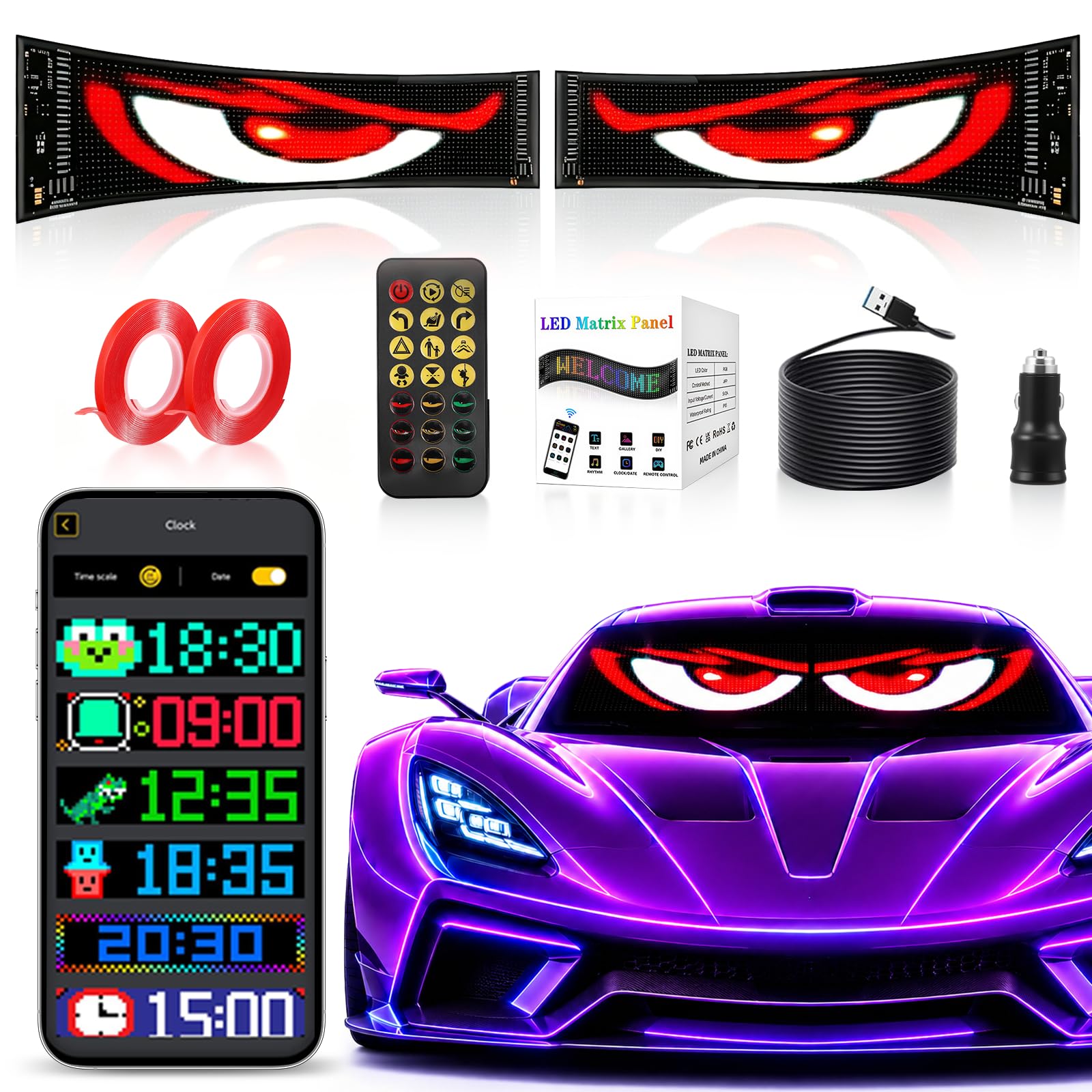 2 occhi a LED per camion, auto, Devil Eyes Light for Camion (120 x 595 mm), display colorato e morbido, programmabile, con Smart App e telecomando, Bluetooth USB 5 V