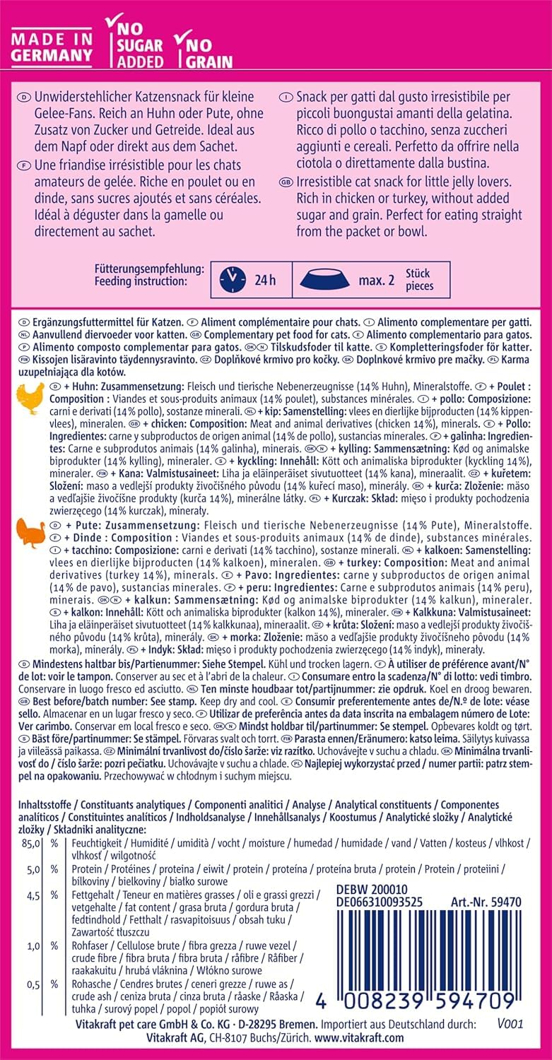 Vitakraft Jelly Lovers, przekąska dla kotów, galaretka do gryzienia, z kurczakiem i indykiem, do rozpieszczania w międzyczasie, bez dodatku cukru i zbóż (1 opakowanie 6 x 15 g)