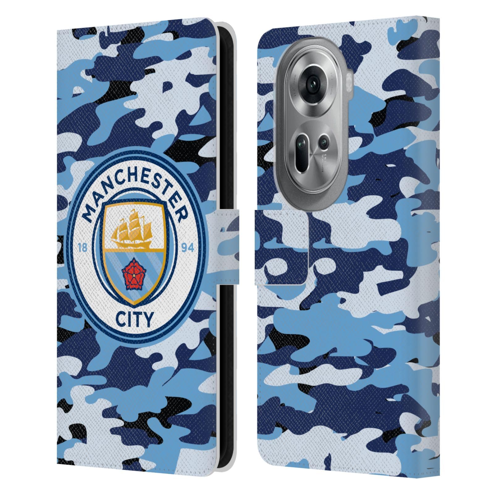 Head Case Designs Officially Licensed Manchester City Man City FC Blue Moon Badge Camou Leather Wallet Case Compatible with Oppo Reno11 Pro