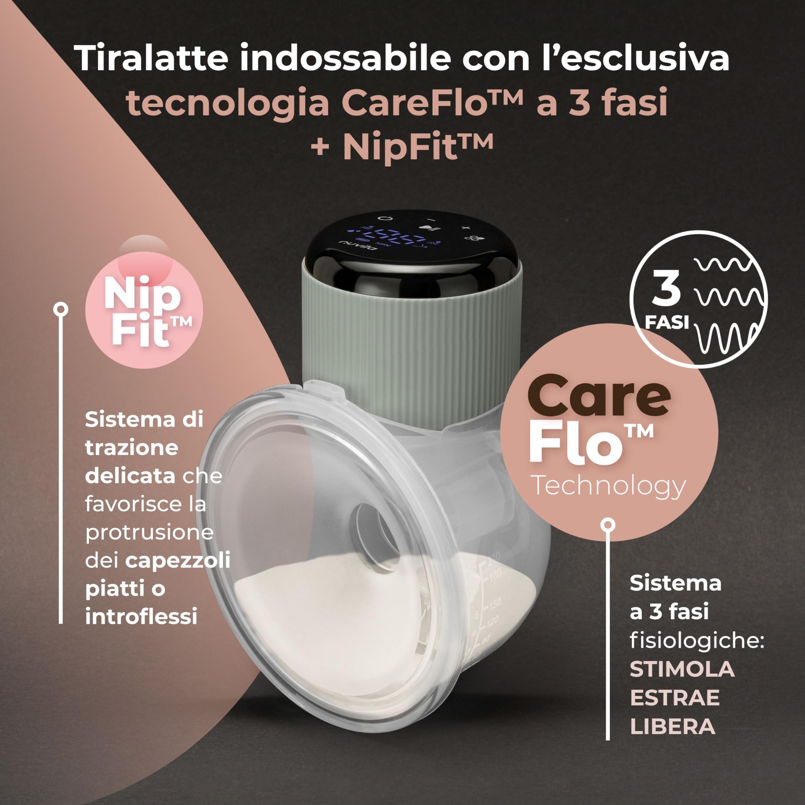 Nuvita 1260W Tiralatte Elettrico Indossabile Singolo 3 Fasi – Portatile con Batteria Ricaricabile USB-C, Funzione Anti-Stasi, Ideale per Capezzoli Piatto/Inversi, Coppa Silicone 24mm con Riduttori