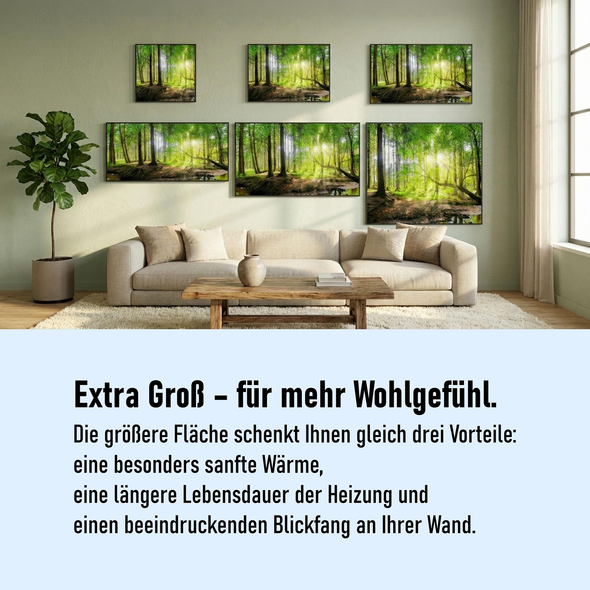 STEINFELD Bild Infrarotheizung mit Thermostat | Made in Germany | viele Motive 350-1200 Watt Rahmen schwarz (600W, 023h Bambusbaum)